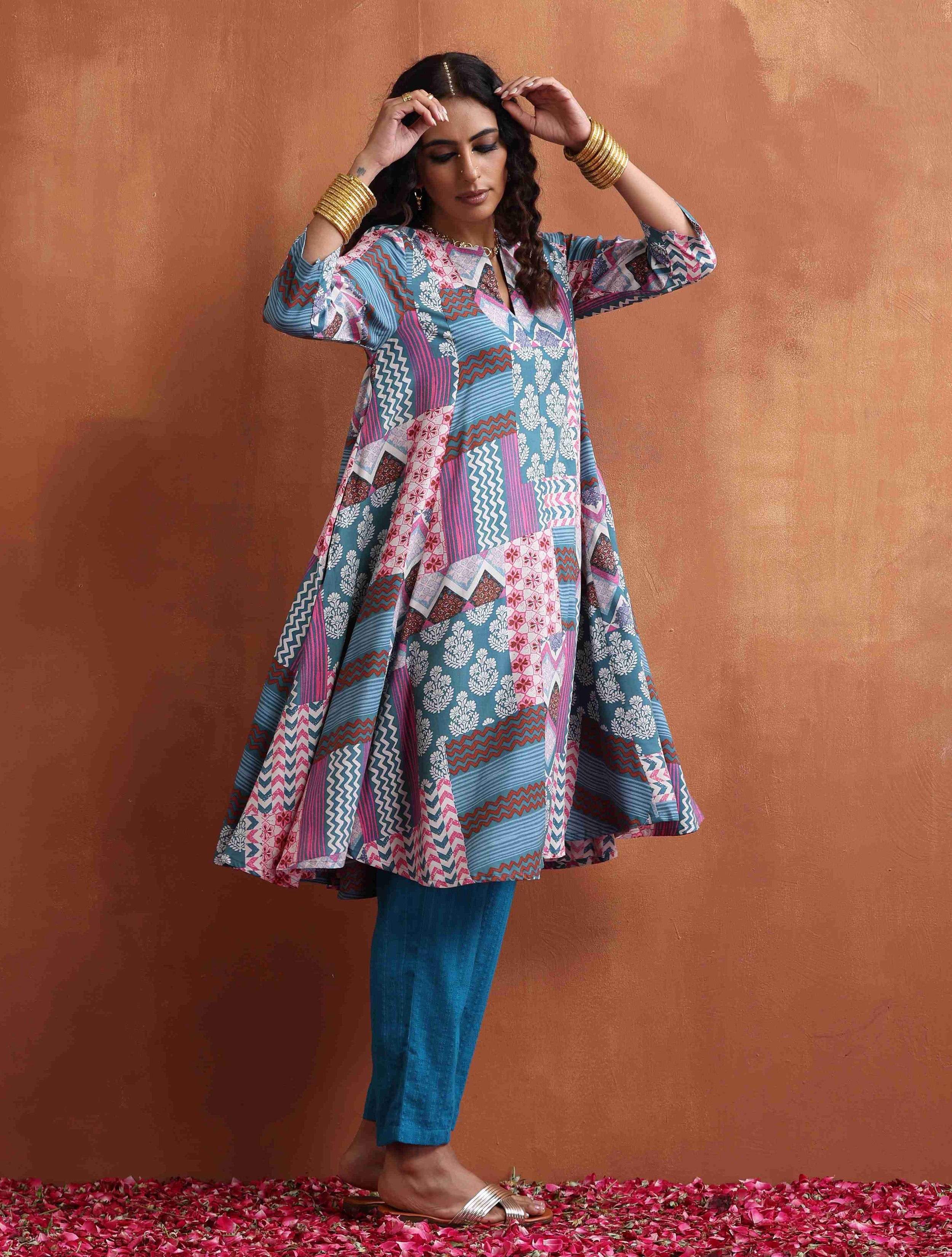 trueBrowns Blue Print Flared Arkali Kurta Co-ord Set