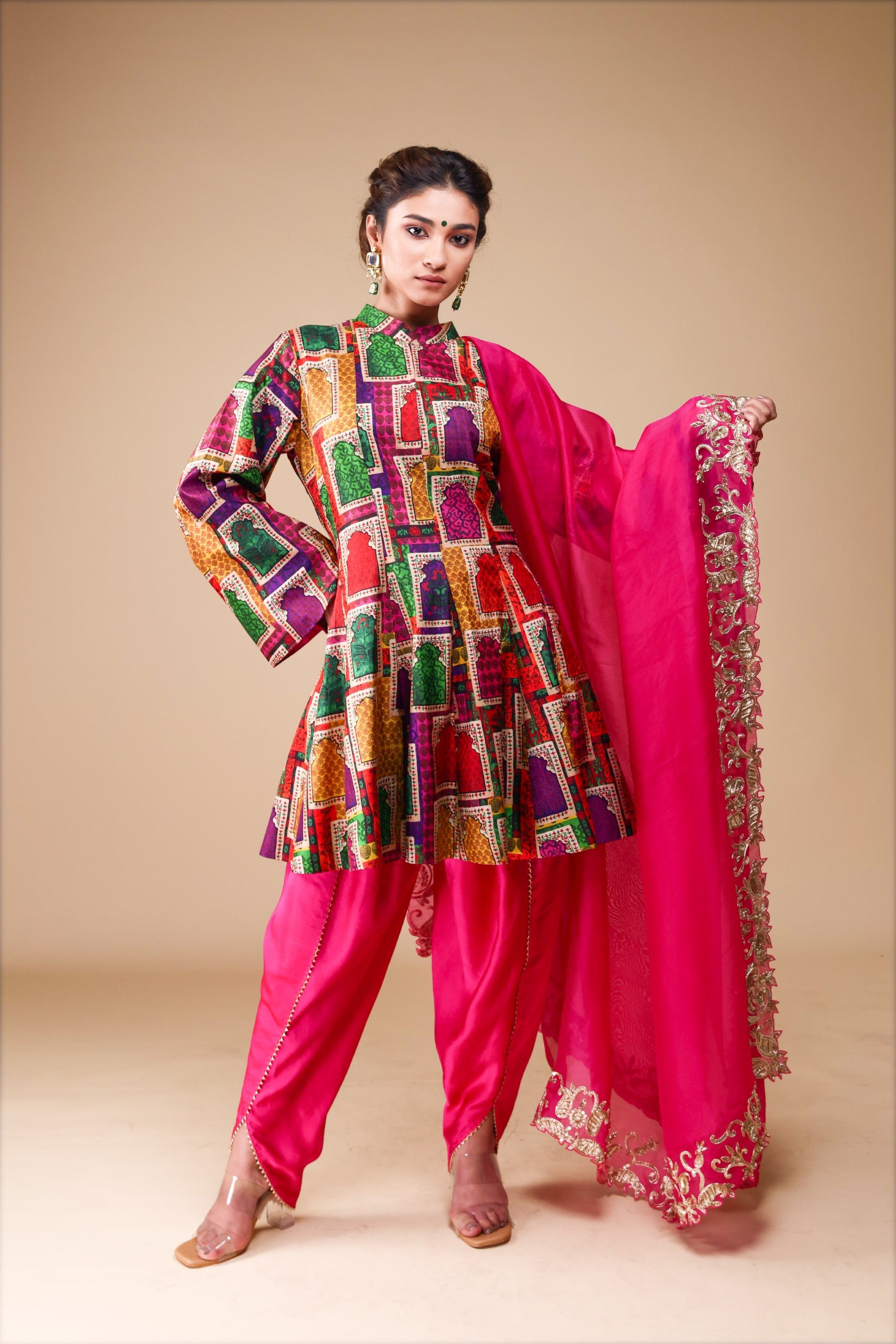 Kalidar Kurti with Tulip Pants and heavy hand-embroidered zardosi work Dupatta