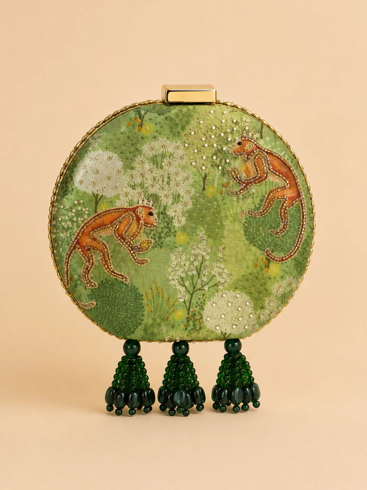 Green Forest Print Round Clutch Bag with Monkey Motif & Beaded Tassels