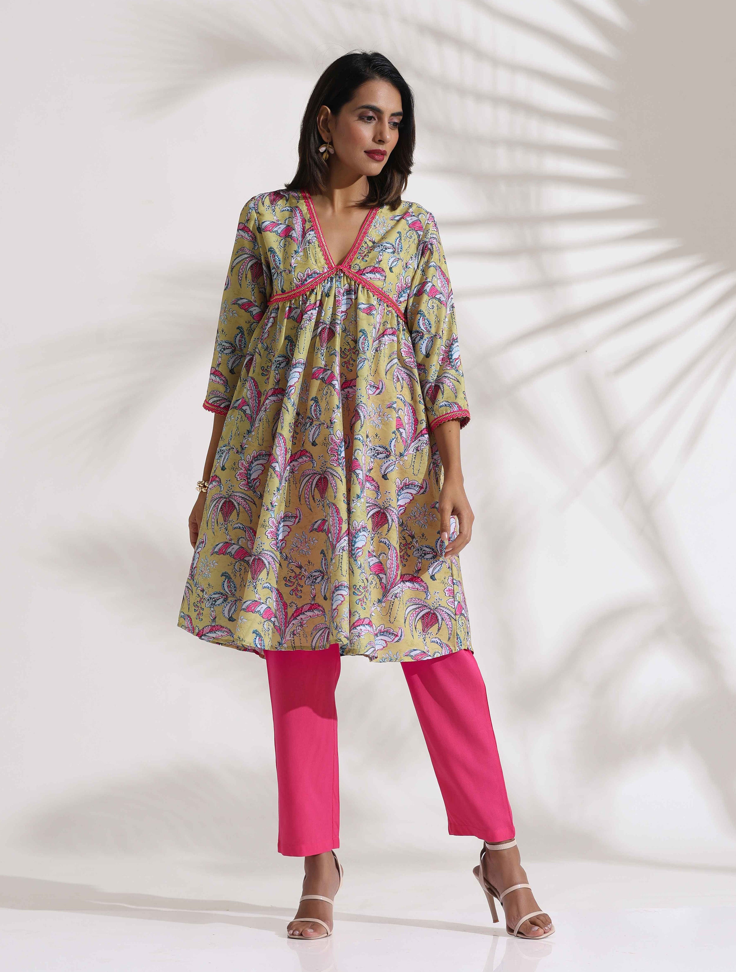 trueBrowns Yellow Print Arkali Kurta Co-ord Set