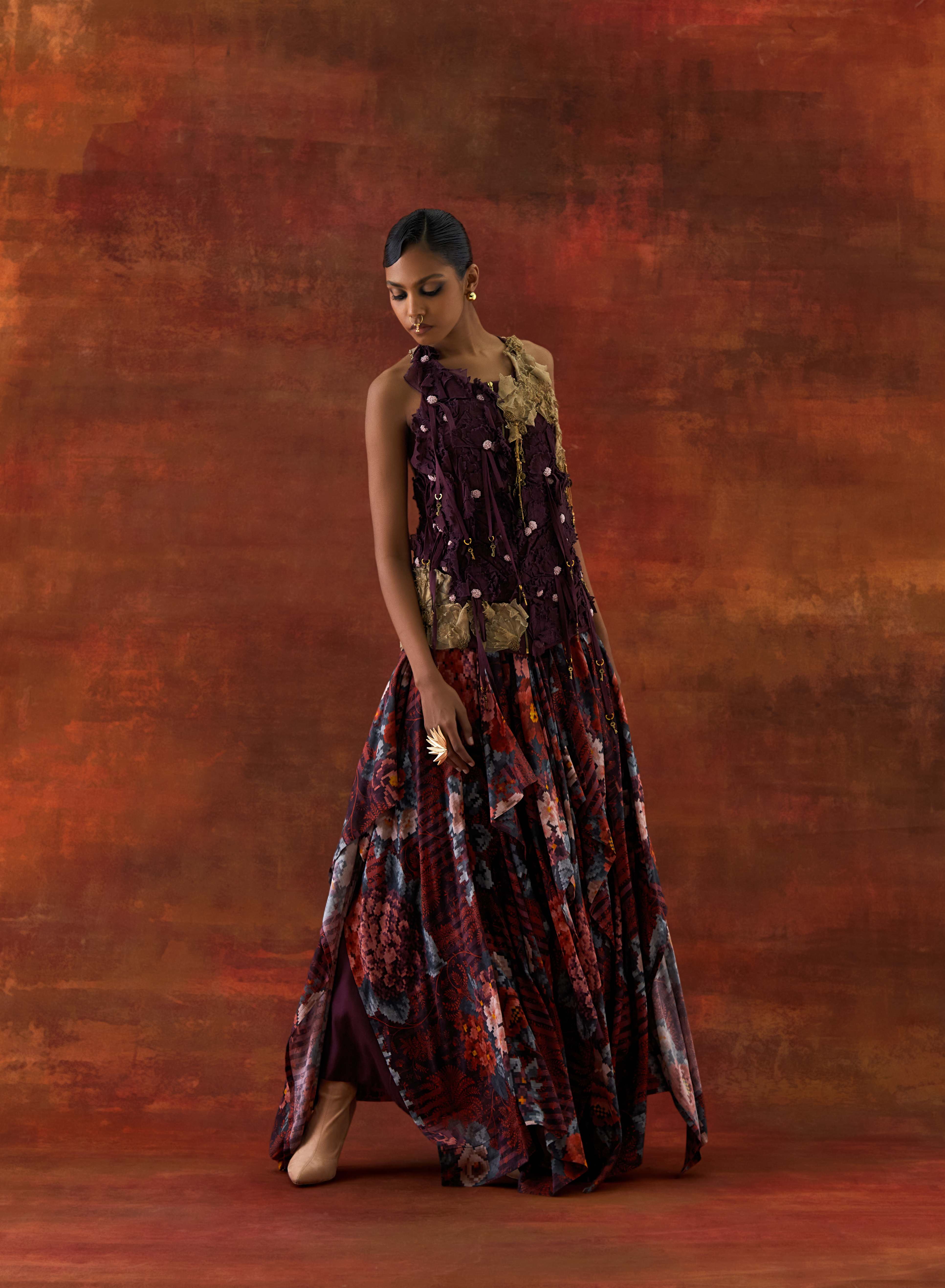 3D FLOWER RACER BACK JACKET + CASCADE SHIRT WITH PRINTED DRAPED SKIRT - image 1