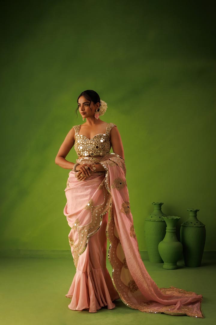Baby pink mirror work saree set