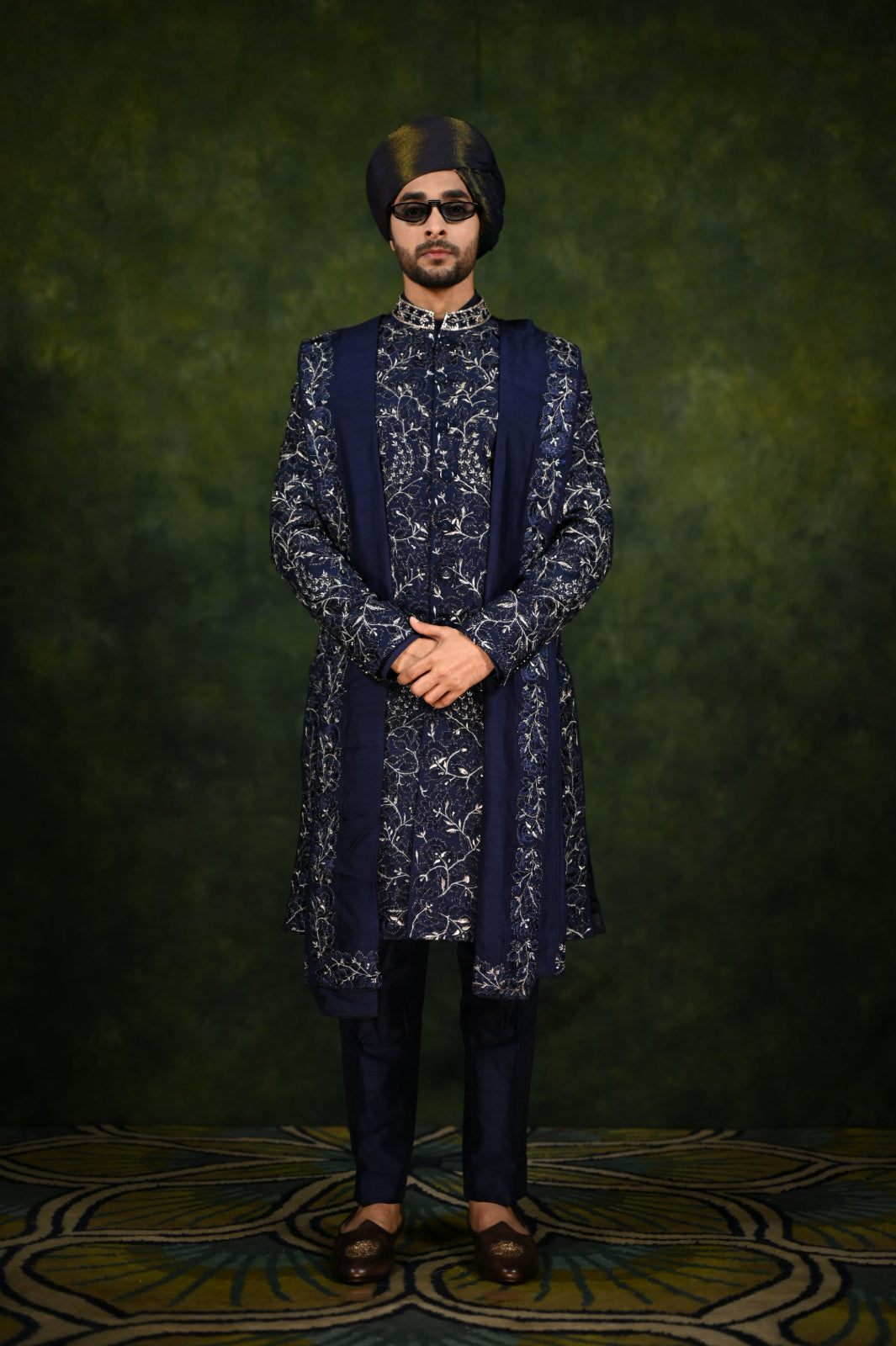 navy threadwork sherwani set