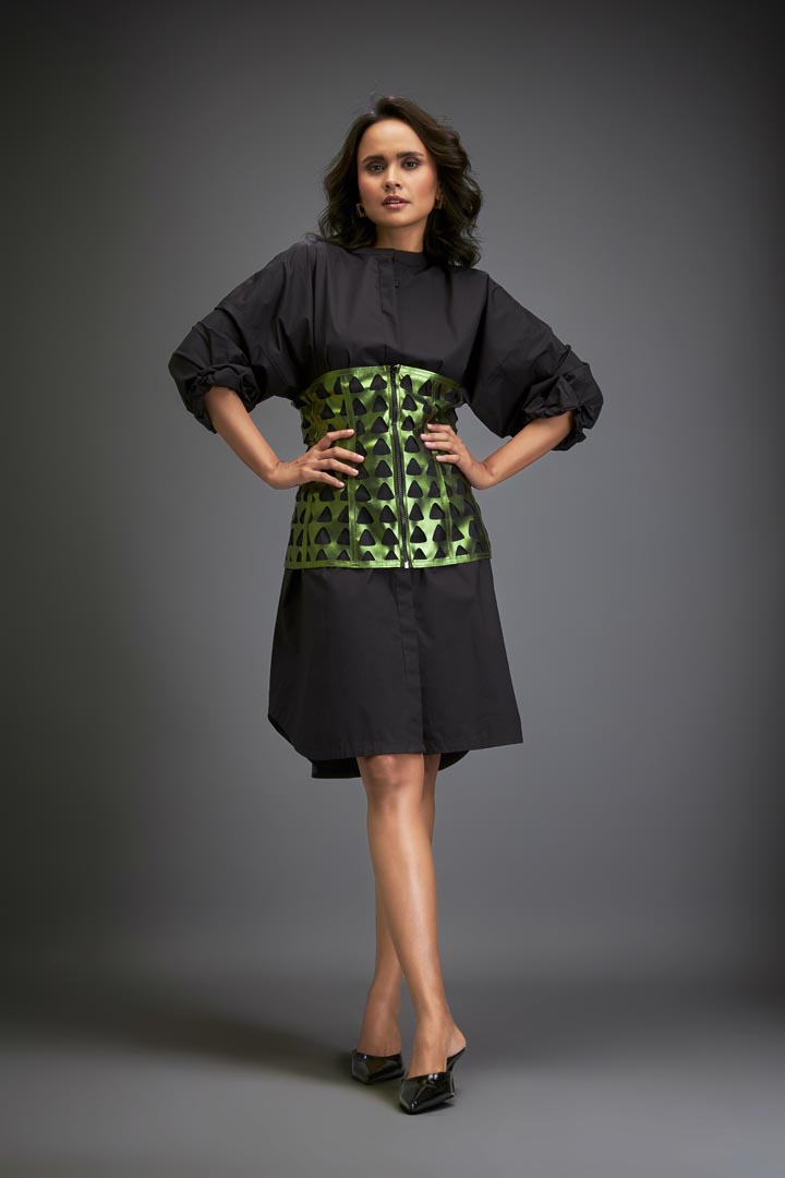 Shirtdress With Metallic Corset And Geometric Cutout Detailing
