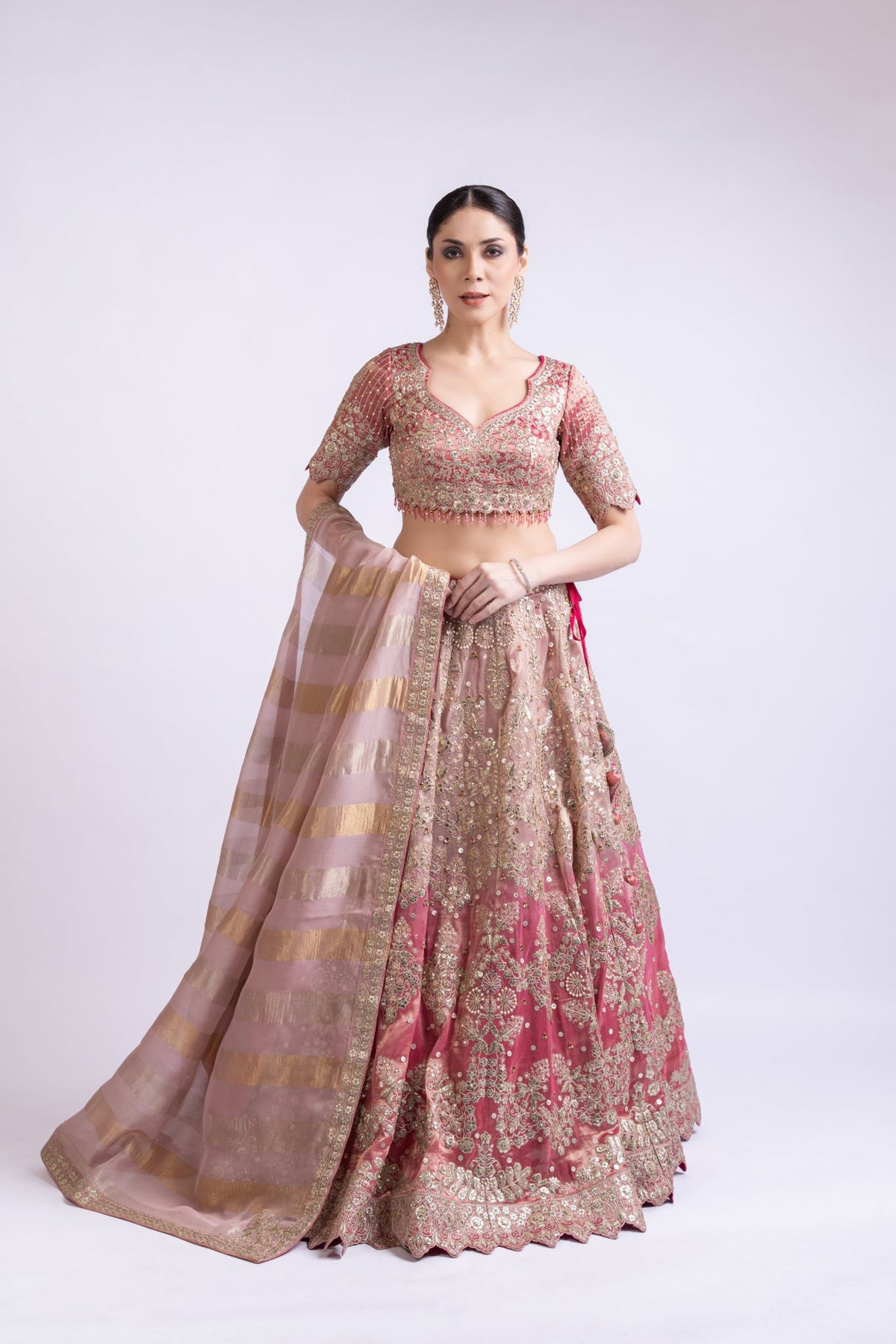 Rani Pink Luxe Tissue Silk Embroidered Lehenga Set with Dupatta