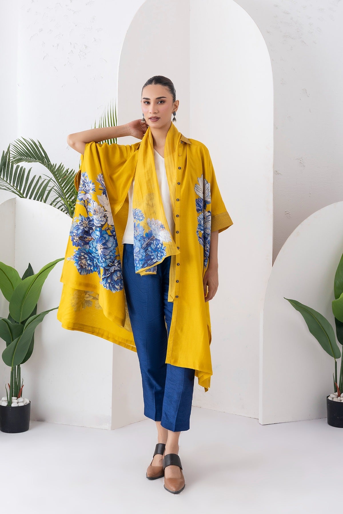 Yellow Silk Chanderi Front Open Kaftan Style Printed Dress Set (3 PCS)
