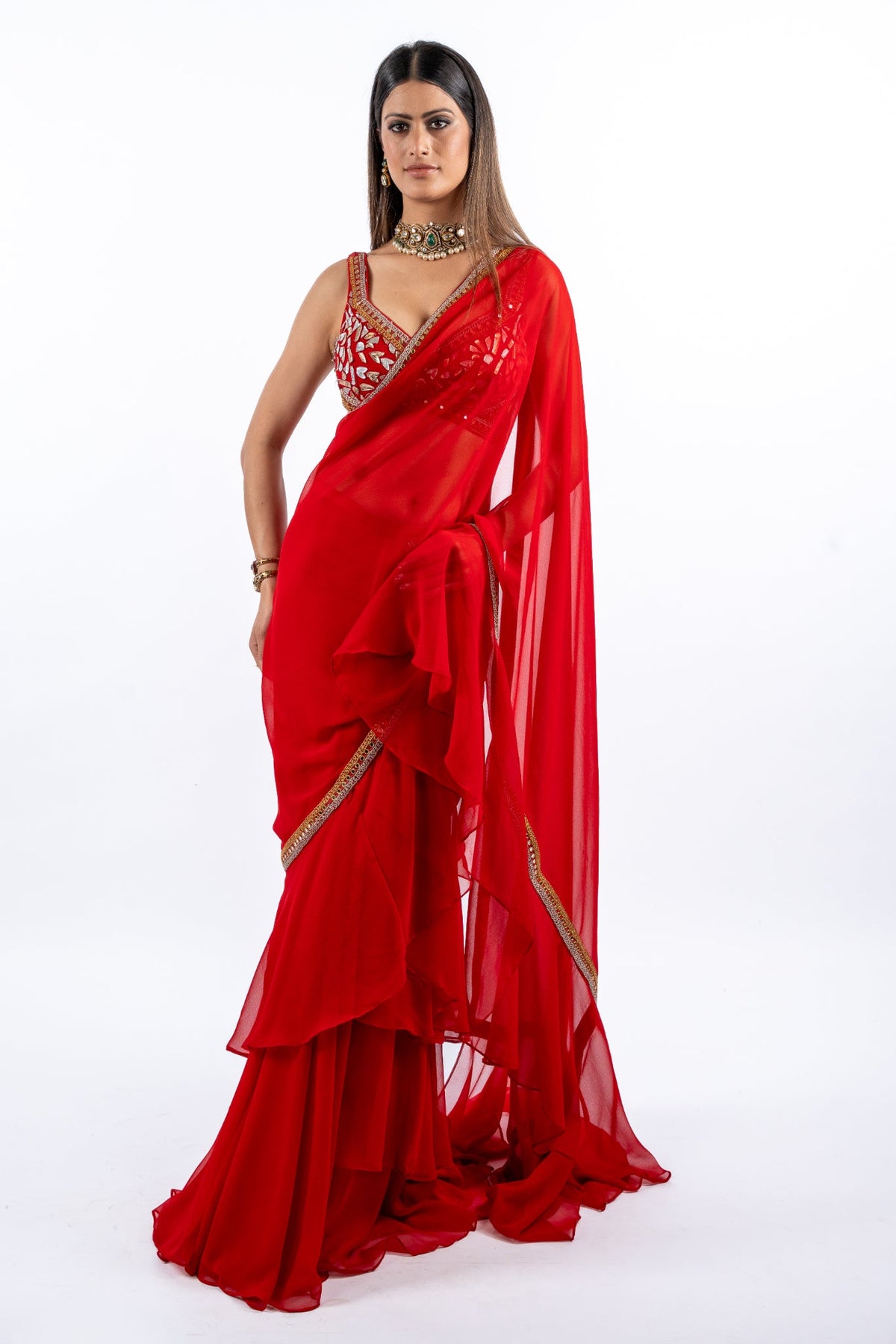 Scarlet Ruffle Saree with Sheer Layers
