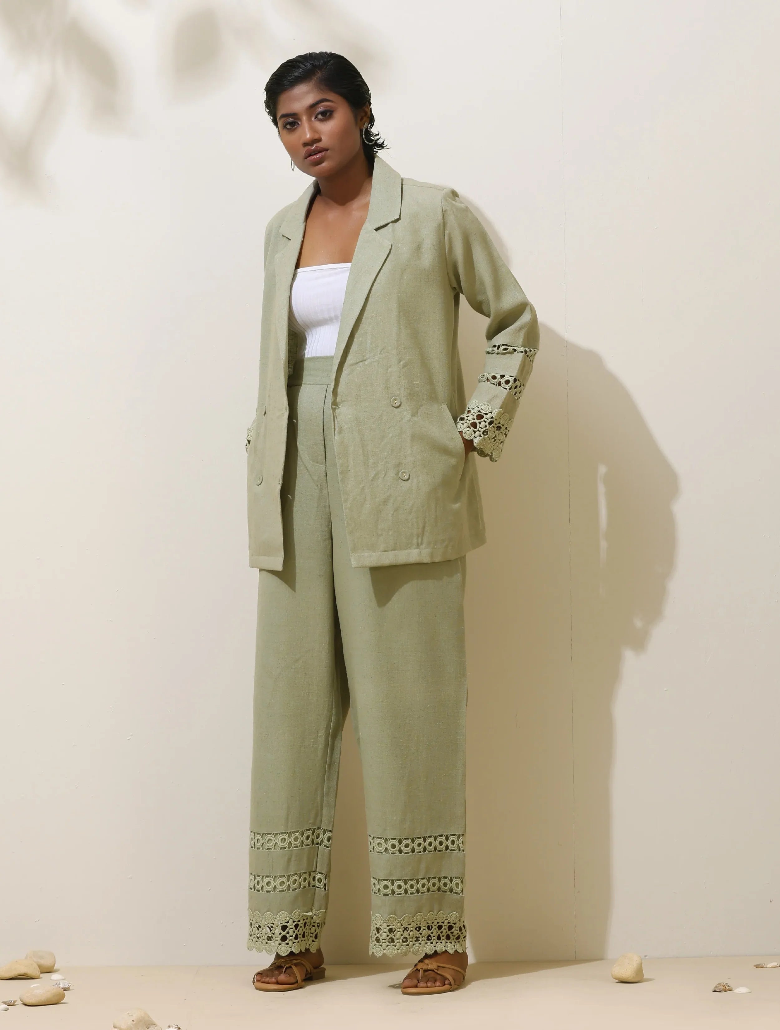 trueBrowns Matcha Green Crochet tural Cotton Blazer Co-ord Set