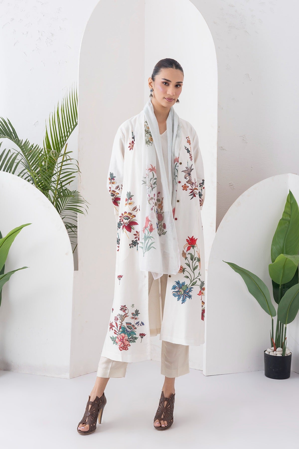 Ivory Silk Chanderi Printed High-Low Dress Set (3 PCS)
