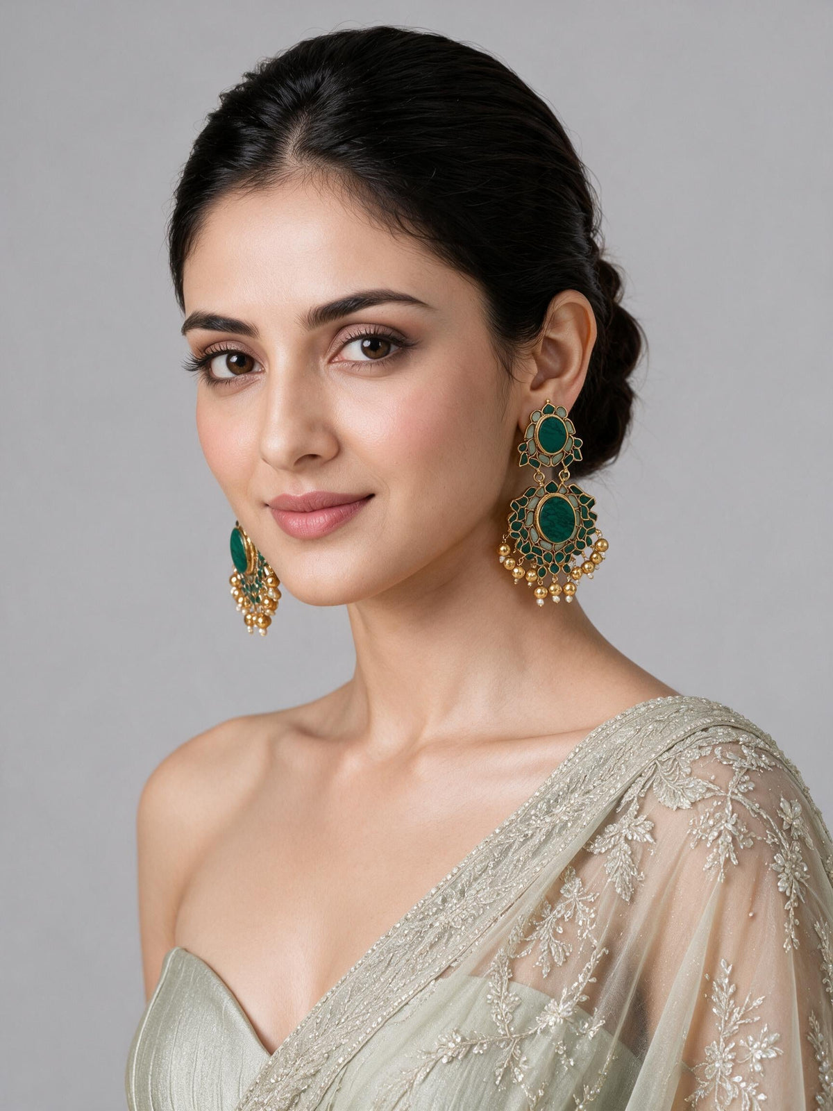 Green Stone Gold-Tone Statement Earrings