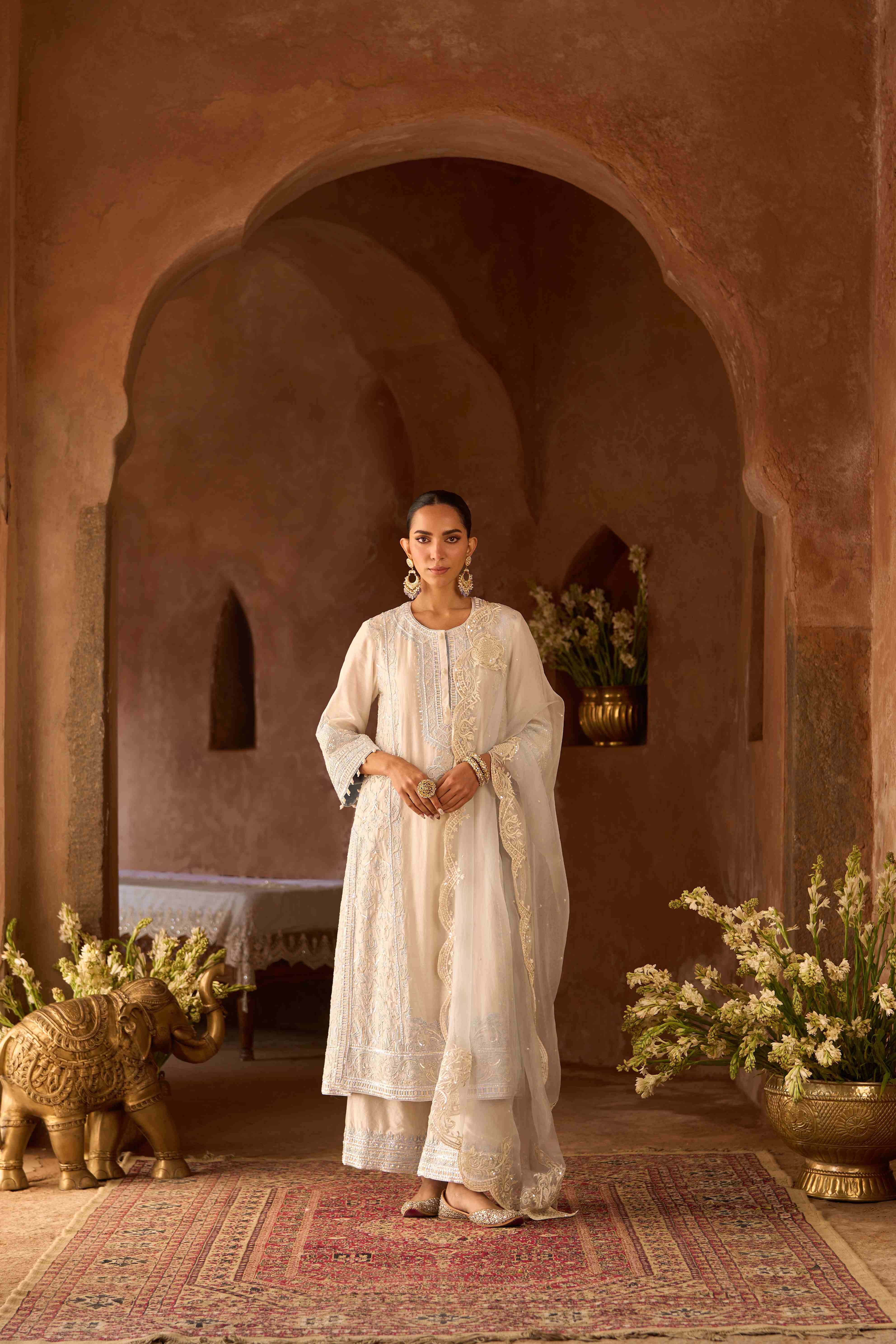 ENA - DAISY IVORY WITH BLUE LONG A-LINE KURTA WITH PALAZZO AND DUPATTA