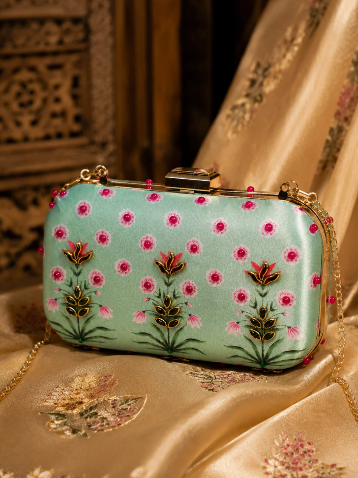Mughal Painting Inspired Clutch Bag with Stone Embellishment