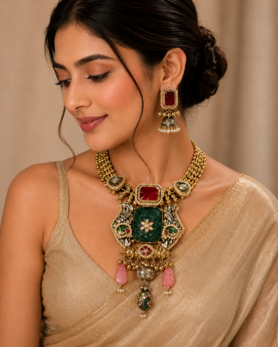 Royal Ruby Statement Necklace Set with Jhumka earring