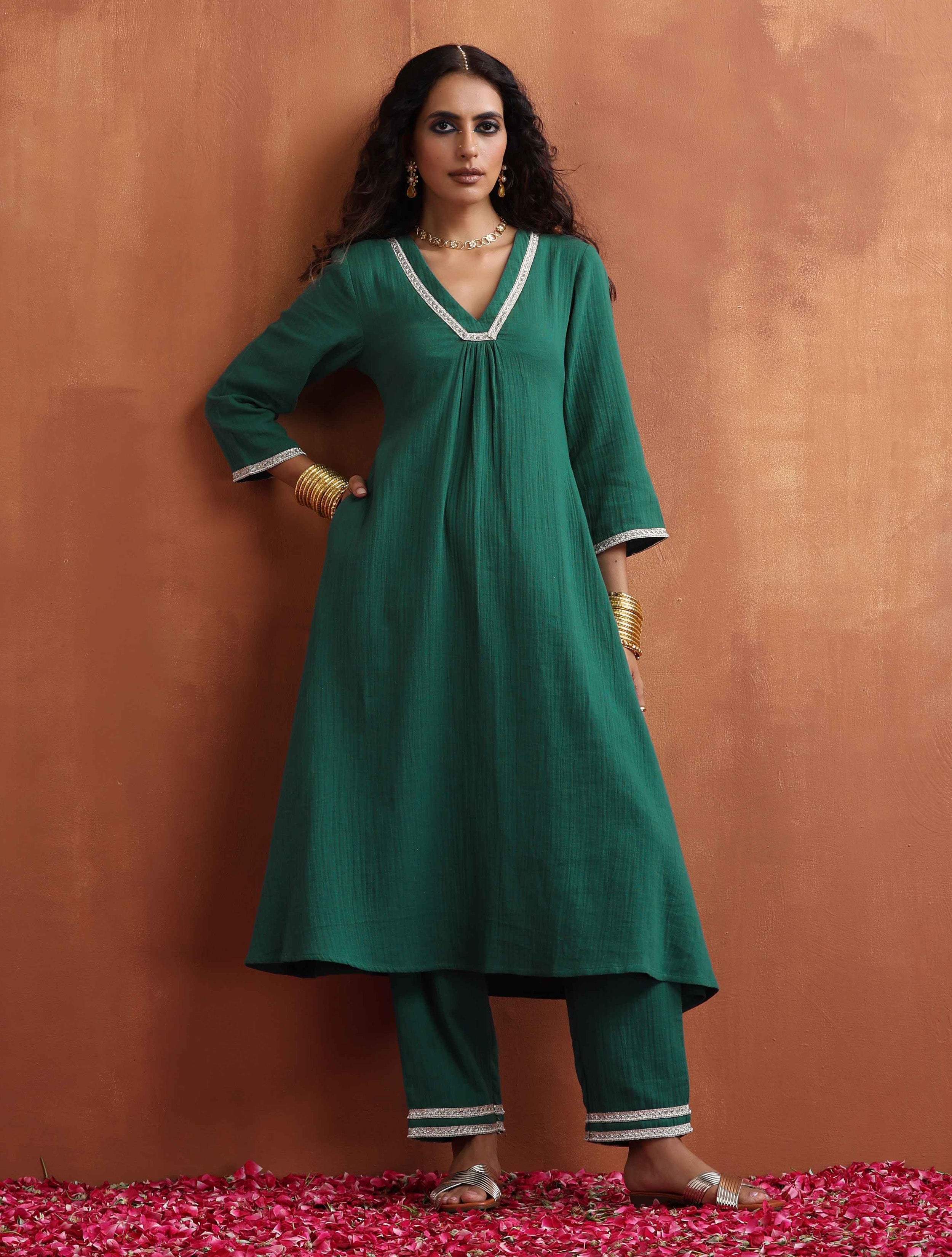 trueBrowns Green Cotton A-line Kurta Set