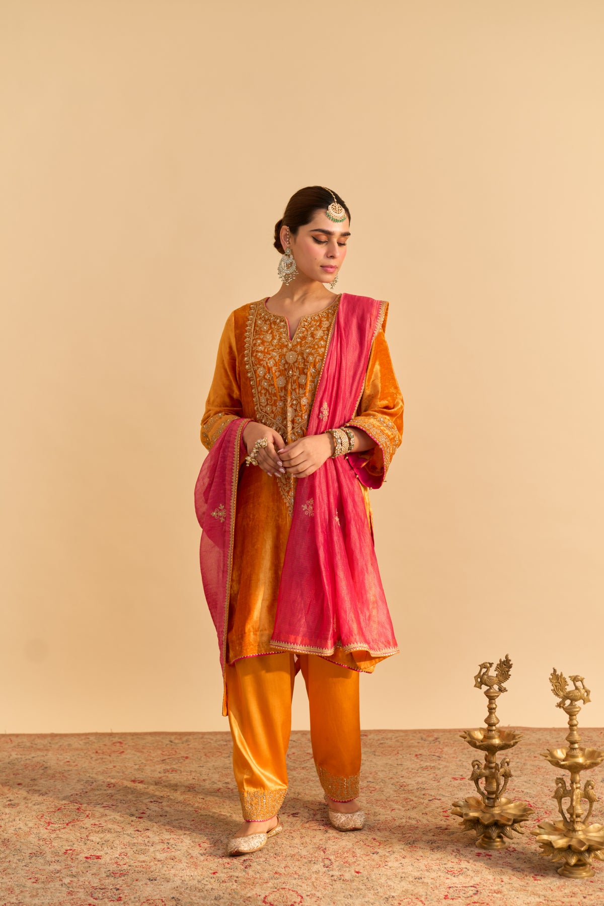 Fareeha Orange Velvet Kurta Set with Silk Salwar & Dupatta