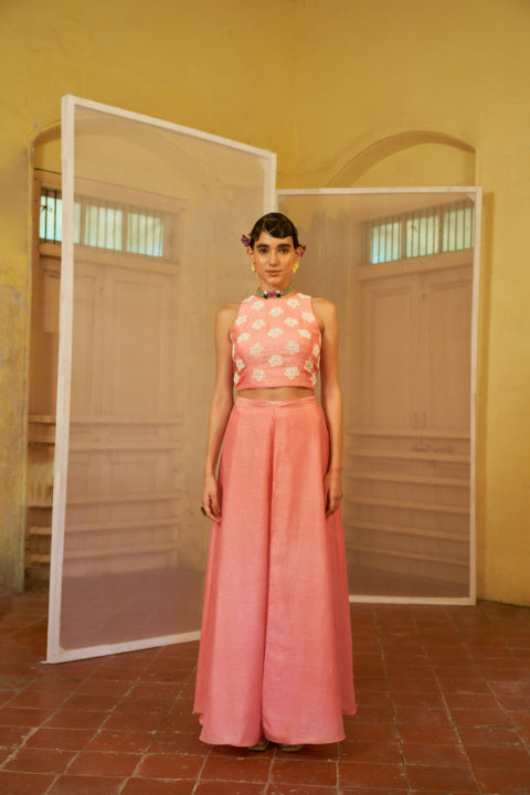 Pink Crop Top with Flap Palazzo Set