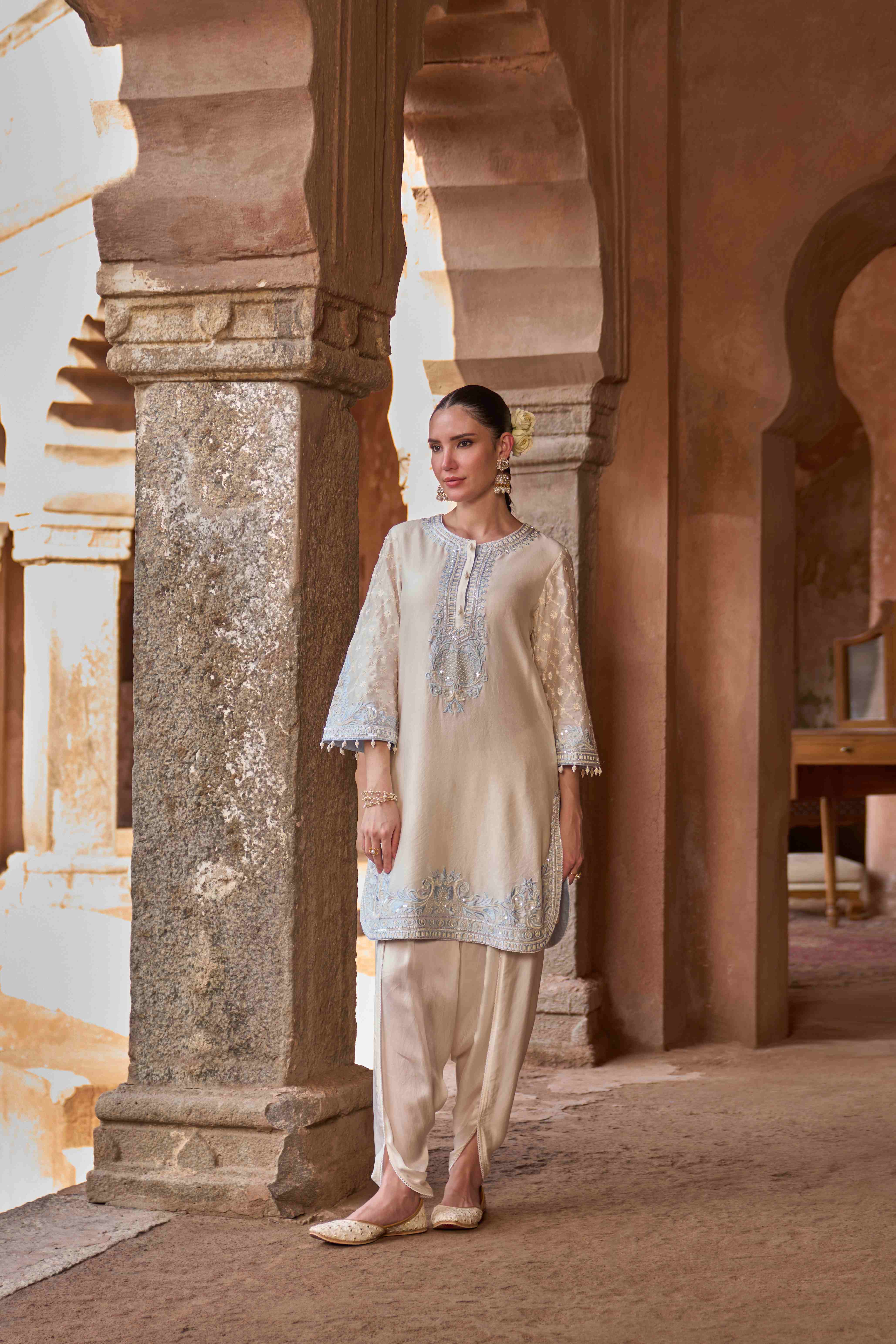 RUHI - DAISY IVORY WITH BLUE SHORT KURTA AND DHOTI