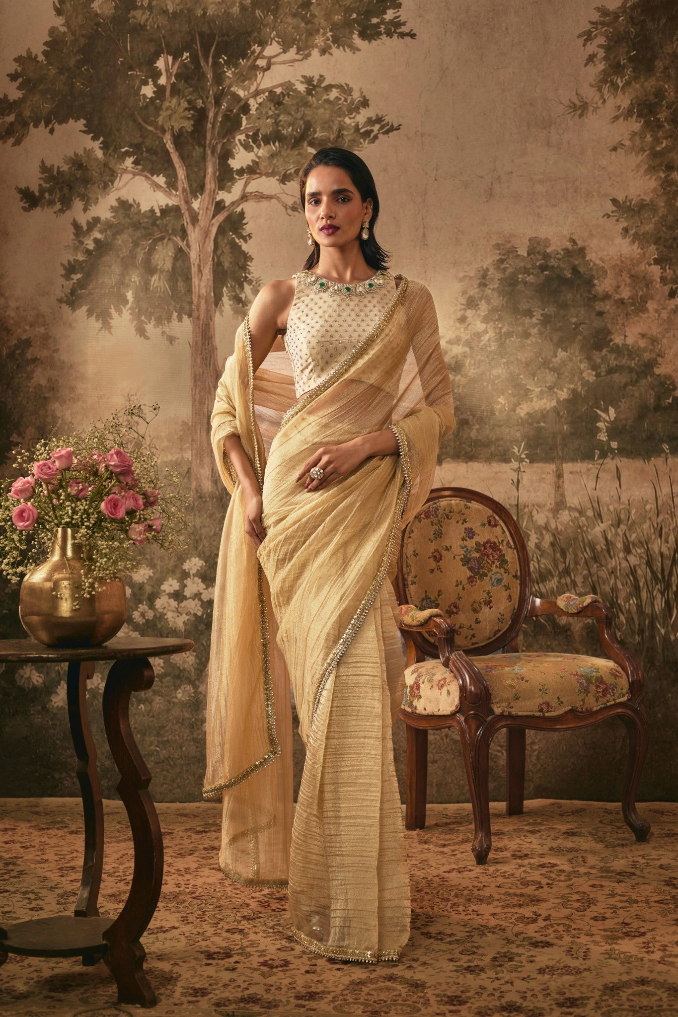 Champagne Gold Metallic pre-pleated Tissue Saree Set