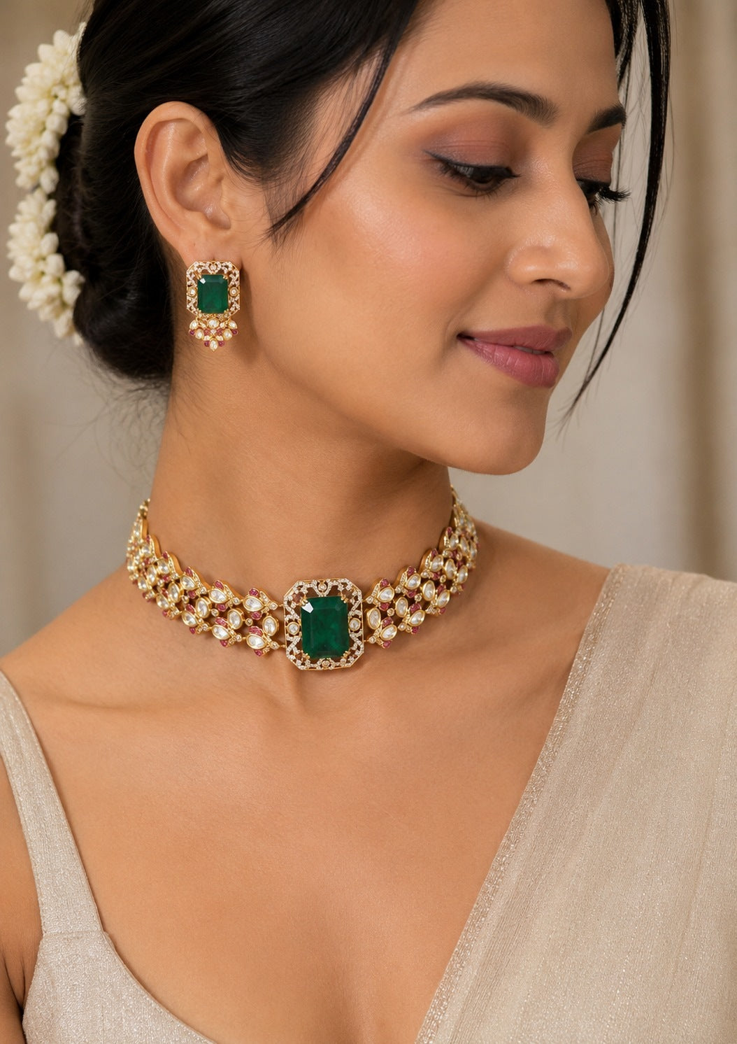 Emerald Green Polki Choker Necklace Set with Statement Earring
