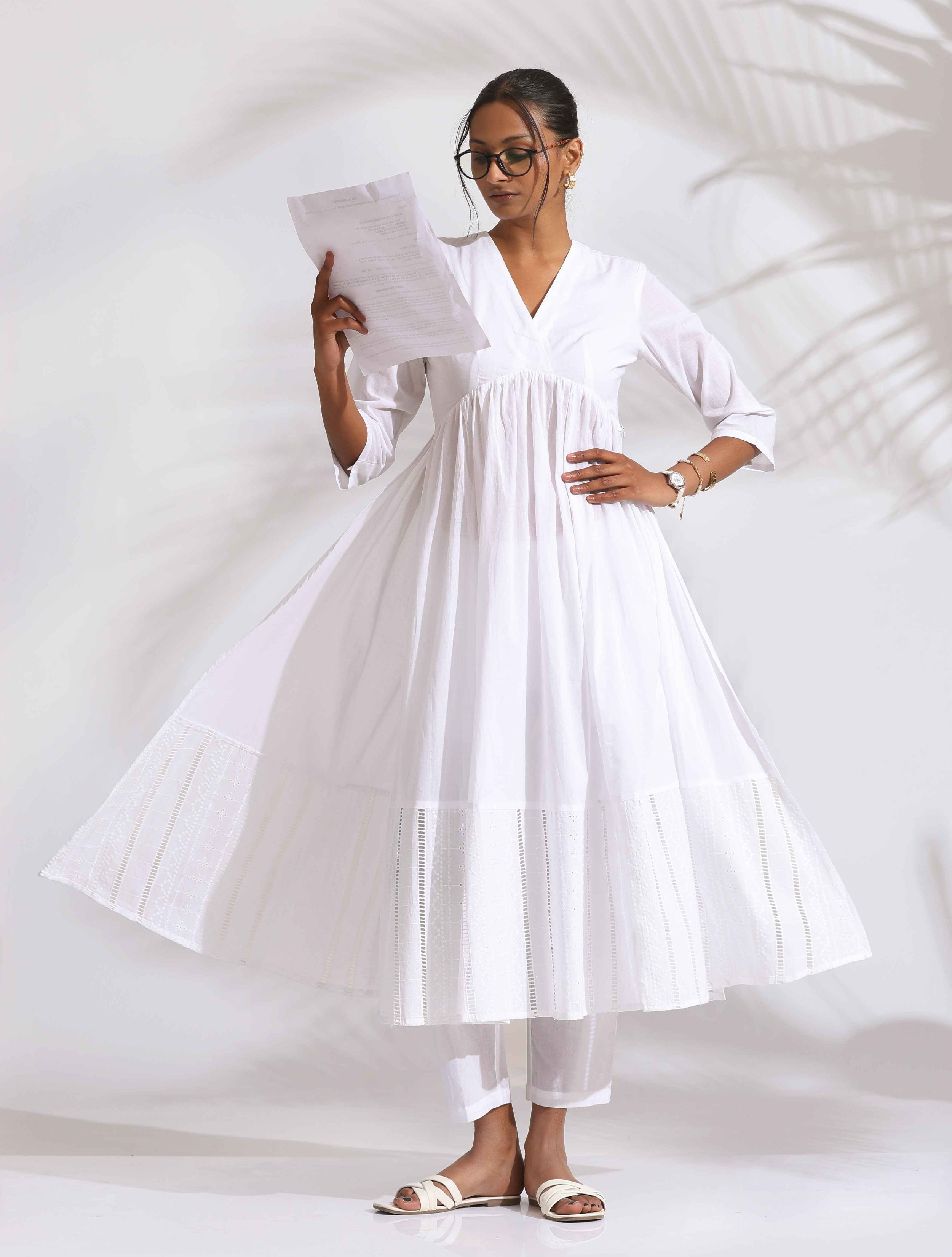 trueBrowns White Cotton Schiffli Flared Arkali Kurta Set