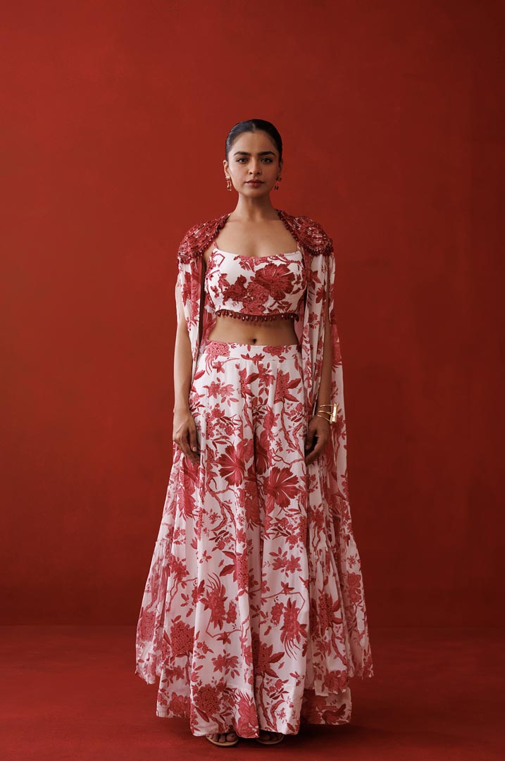 white & red printed shrug set