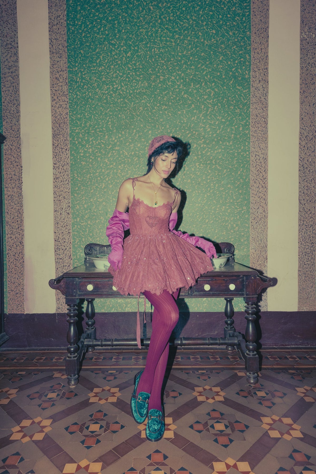 Rose Pink, Pre-Renaissance Embroidery, French Lace & Silk, Ballerina Mini Dress, Corseted Tutu Silhouette