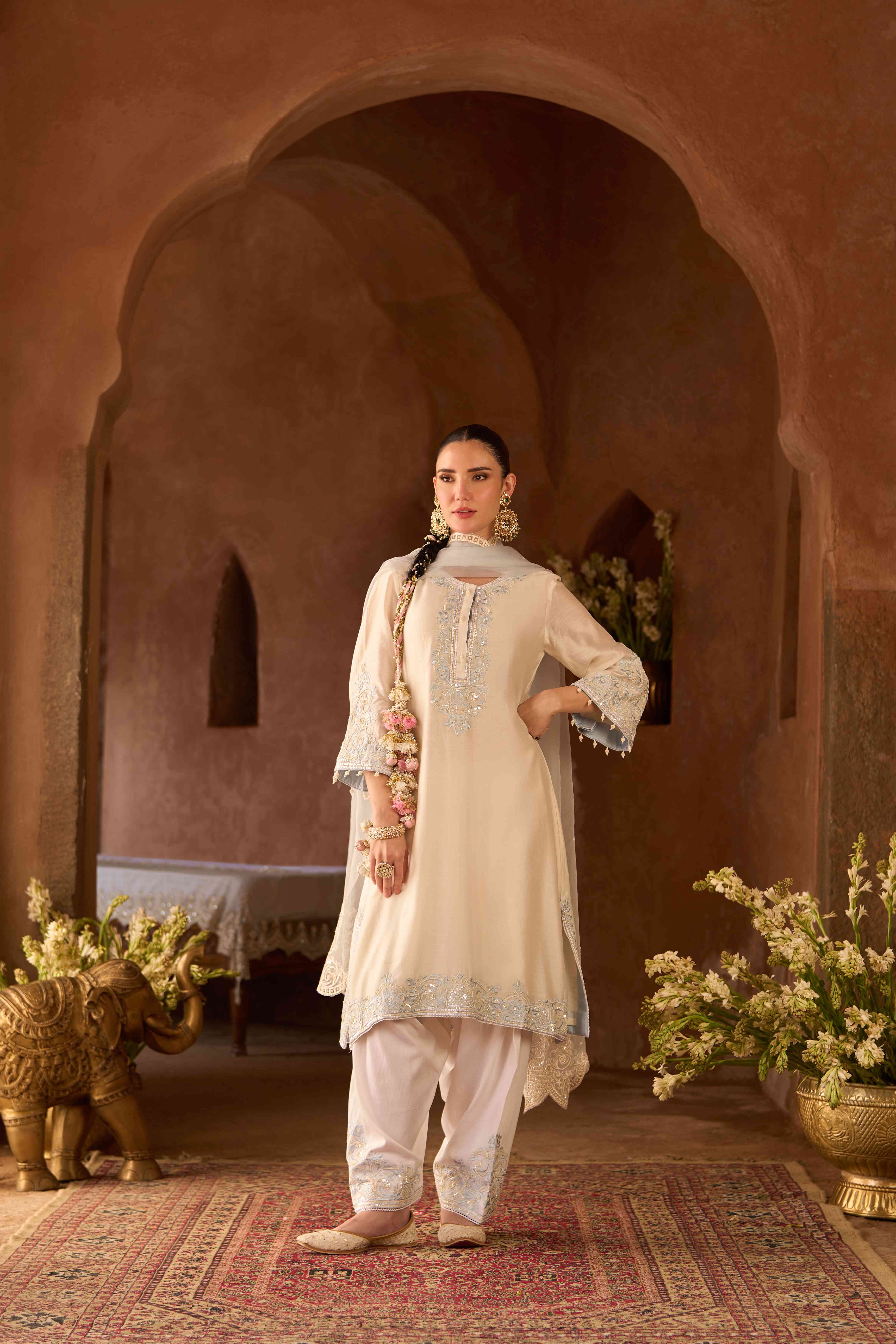 HANI - DAISY IVORY WITH BLUE A-LINE KURTA WITH SALWAR AND DUPATTA