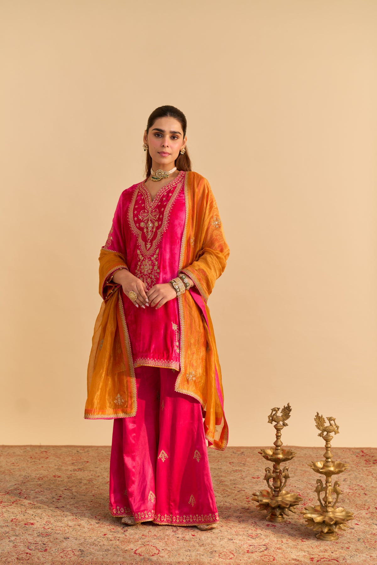 Hot Pink Velvet Kurta Set with Flared Palazzo & Dupatta