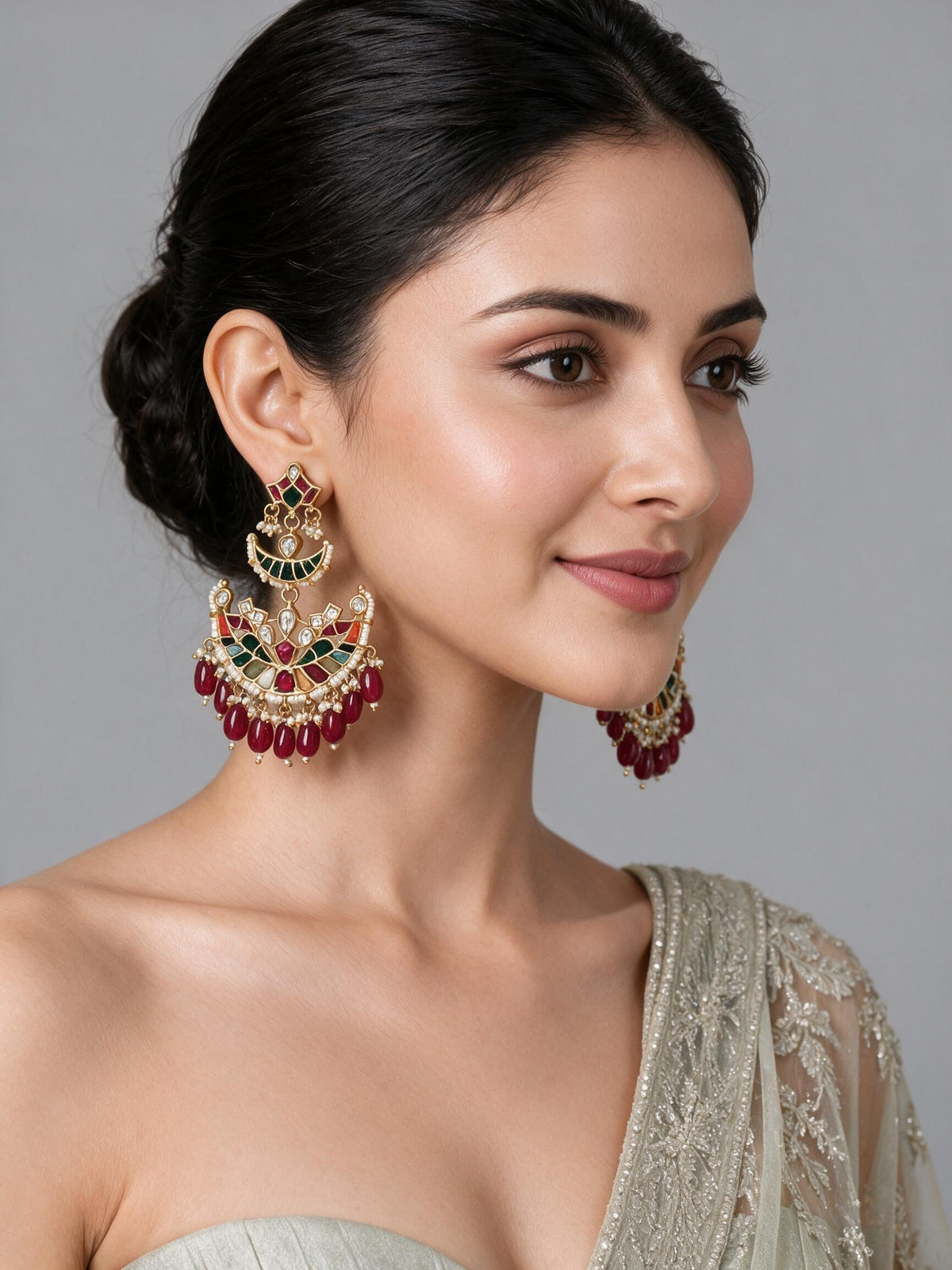 Multicolor Kundan Pearl Chandbali Earrings