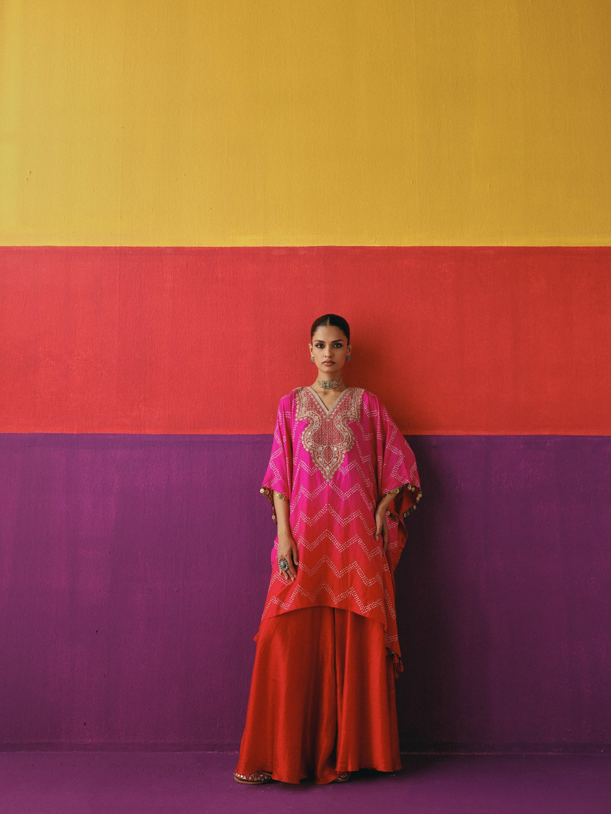 Zigzag Bandhni Kaftan with Sharara