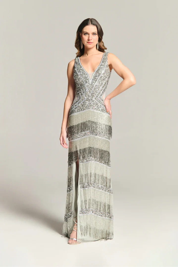 Silver Beaded V-Neck Maxi Dress - Glamorous Slit Evening Gown