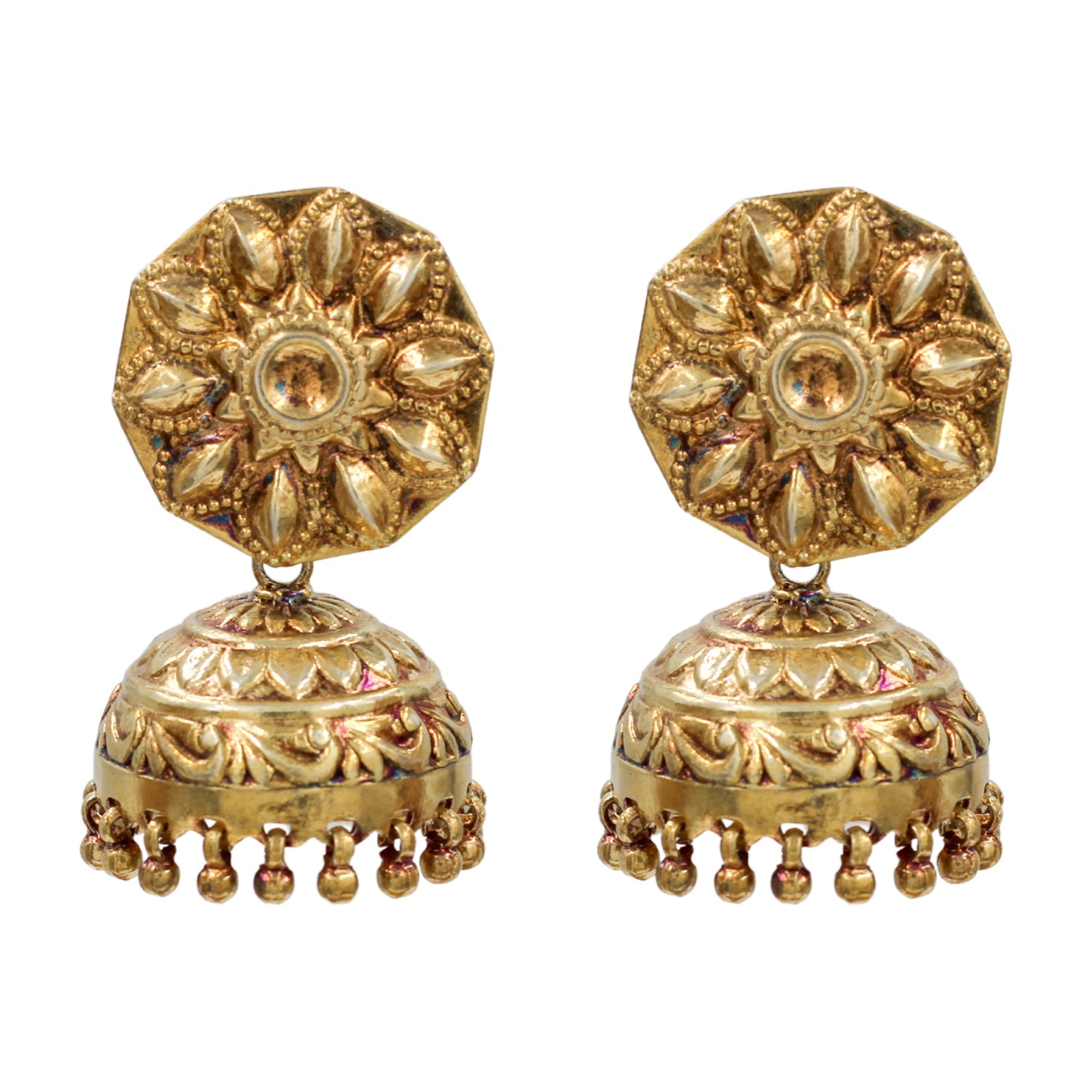 Sangeeta Boochra Floral Motif Gold Plated Jhumka Earrings
