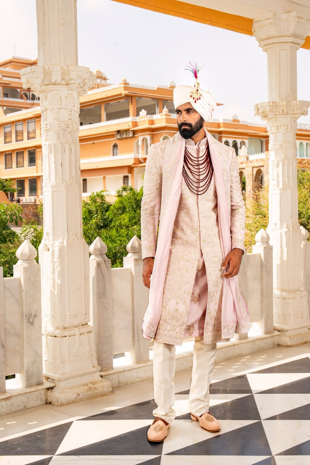 Light pink silk Indo-Western with machine and hand work