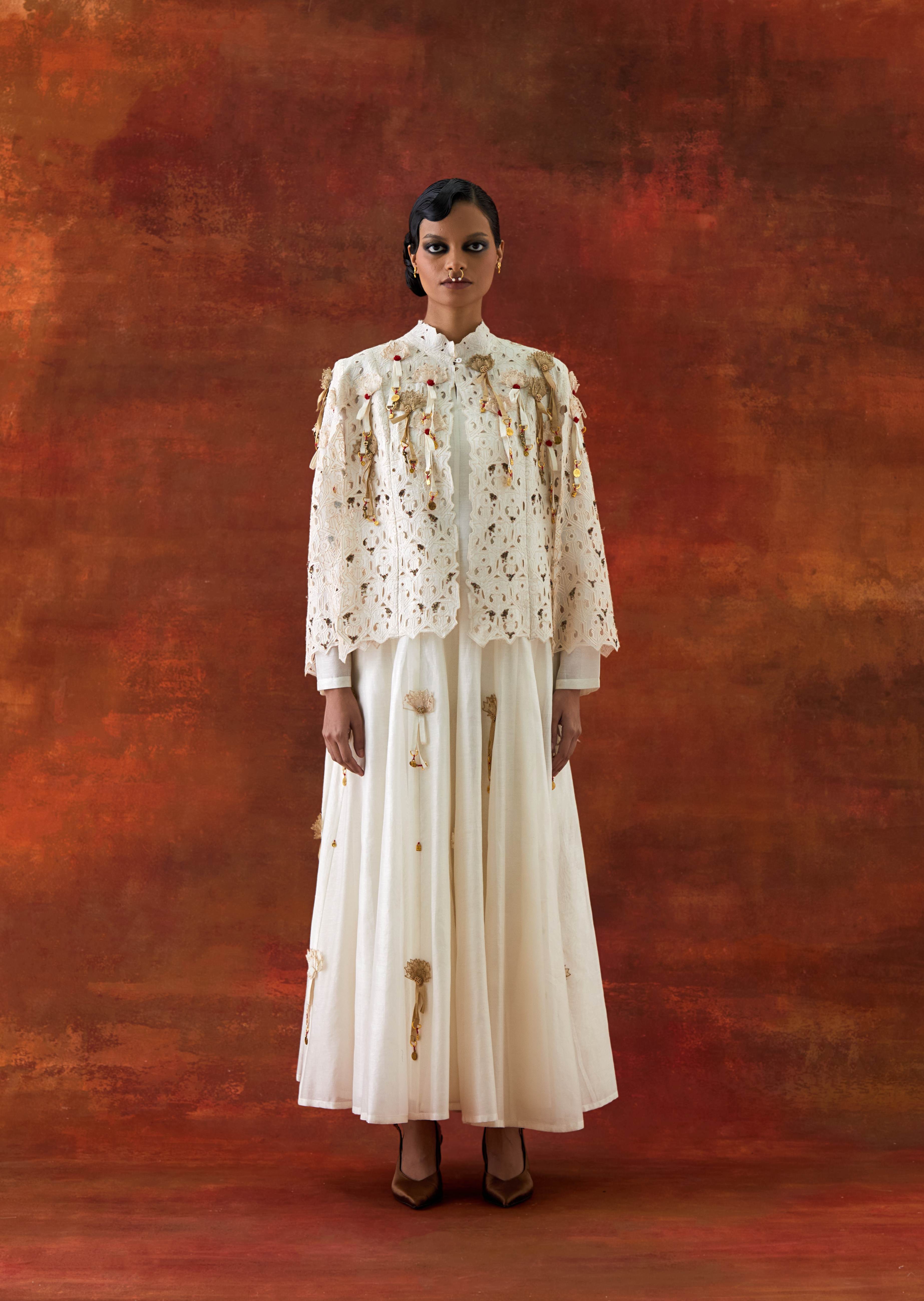 EMBROIDERED CUTWORK CAPE WITH 3D FLOWER KALIDAR - image 1
