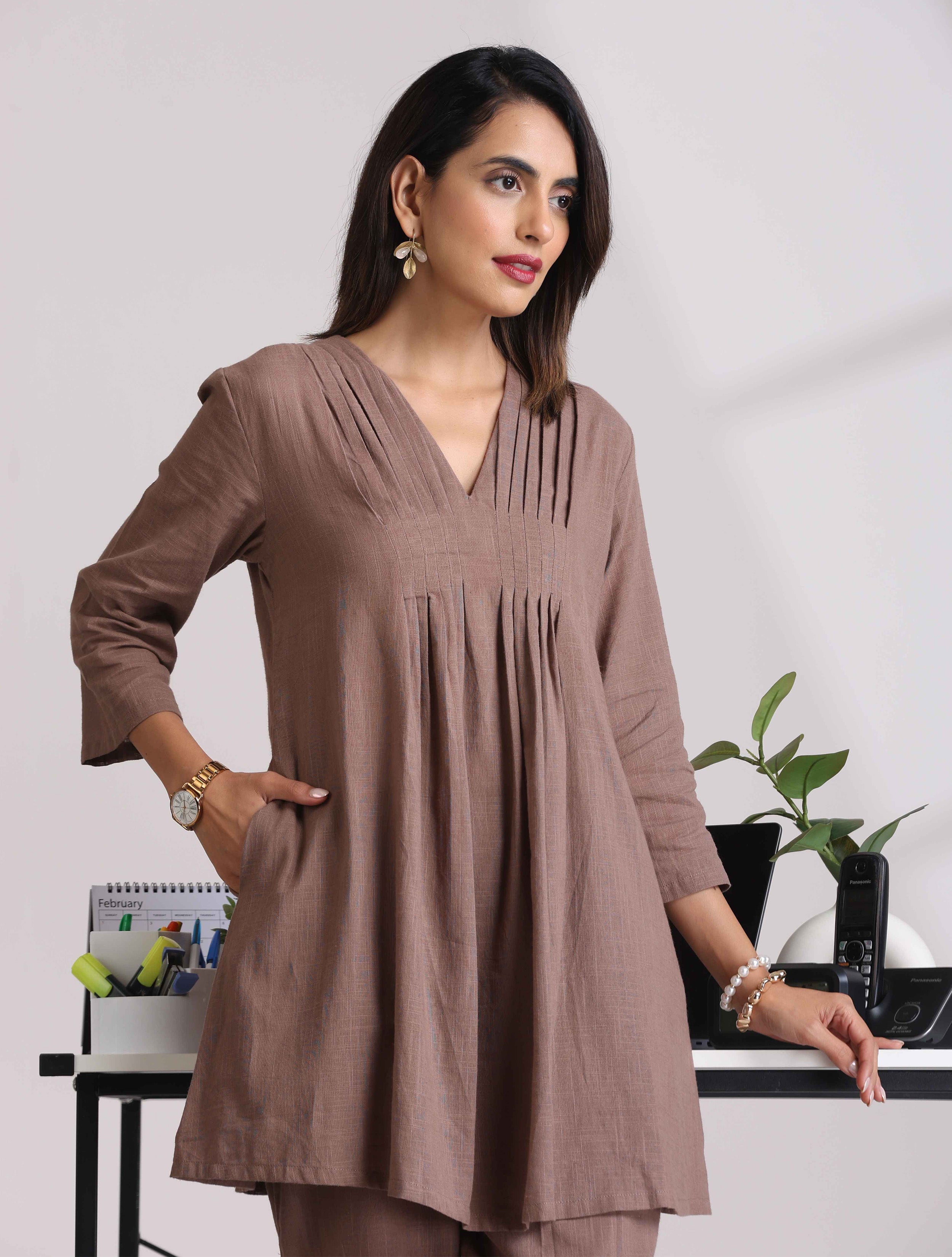 Cotton Linen Burnt Brown Pleated Co-Ord Set