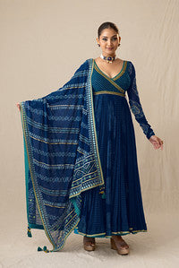 Regal blue printed bandhej Anarkali set
