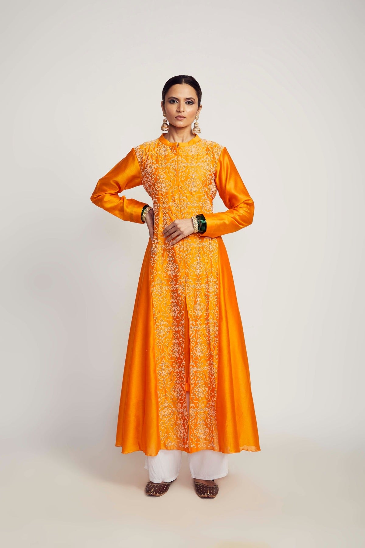 silk chanderi long asymmetrical tunic with pearl embroidered lotus jaal