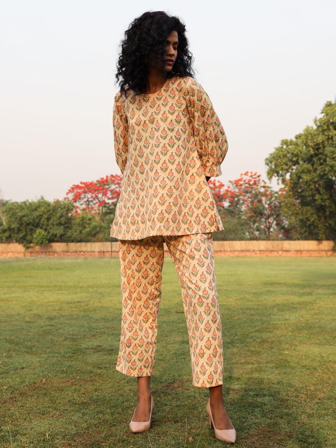 Peach Cotton Block Print Baggy Sleeve Co-Ord Set - trueBrowns