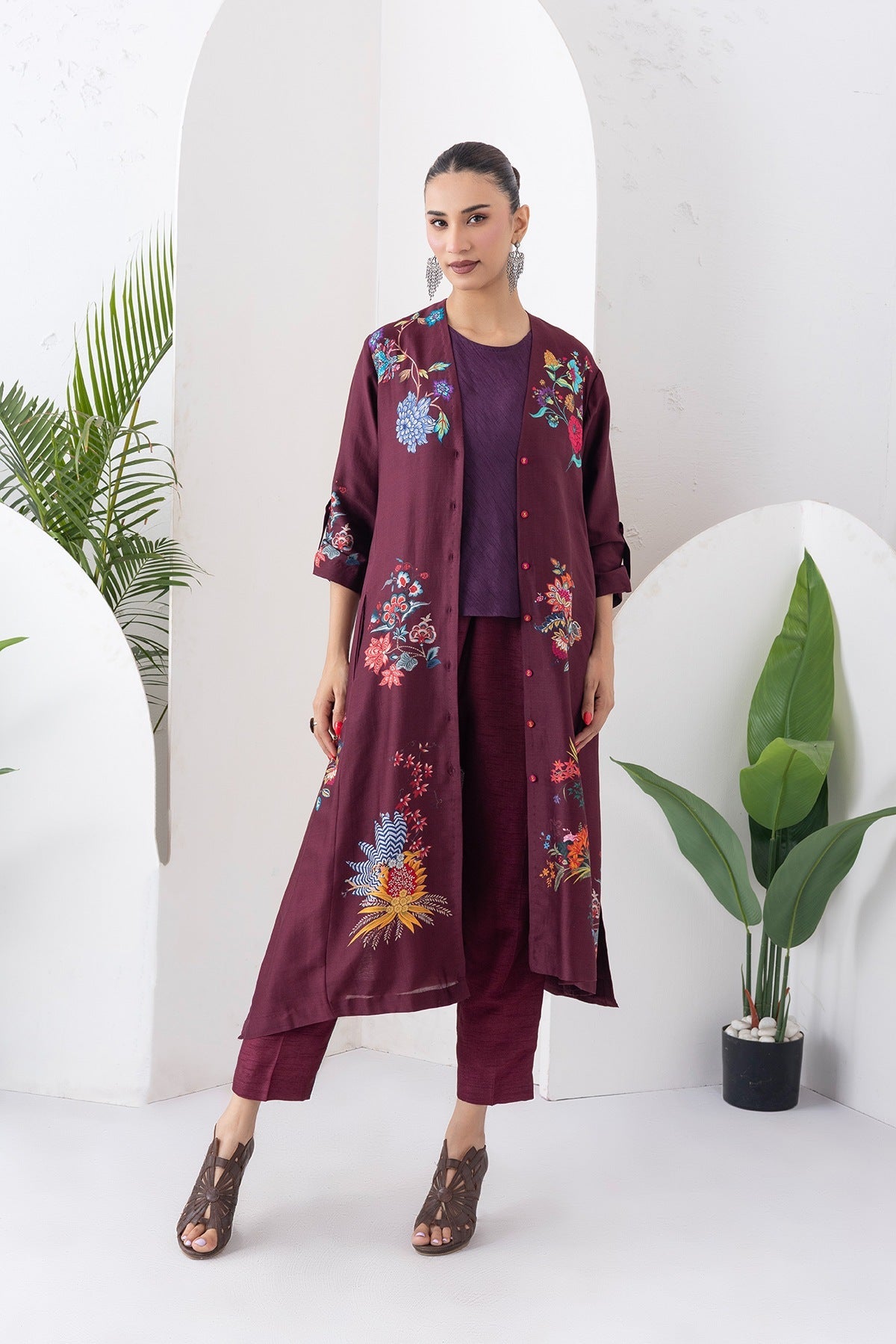 Chocolate Brown Silk Chanderi Printed High-Low Dress Set (3 PCS)