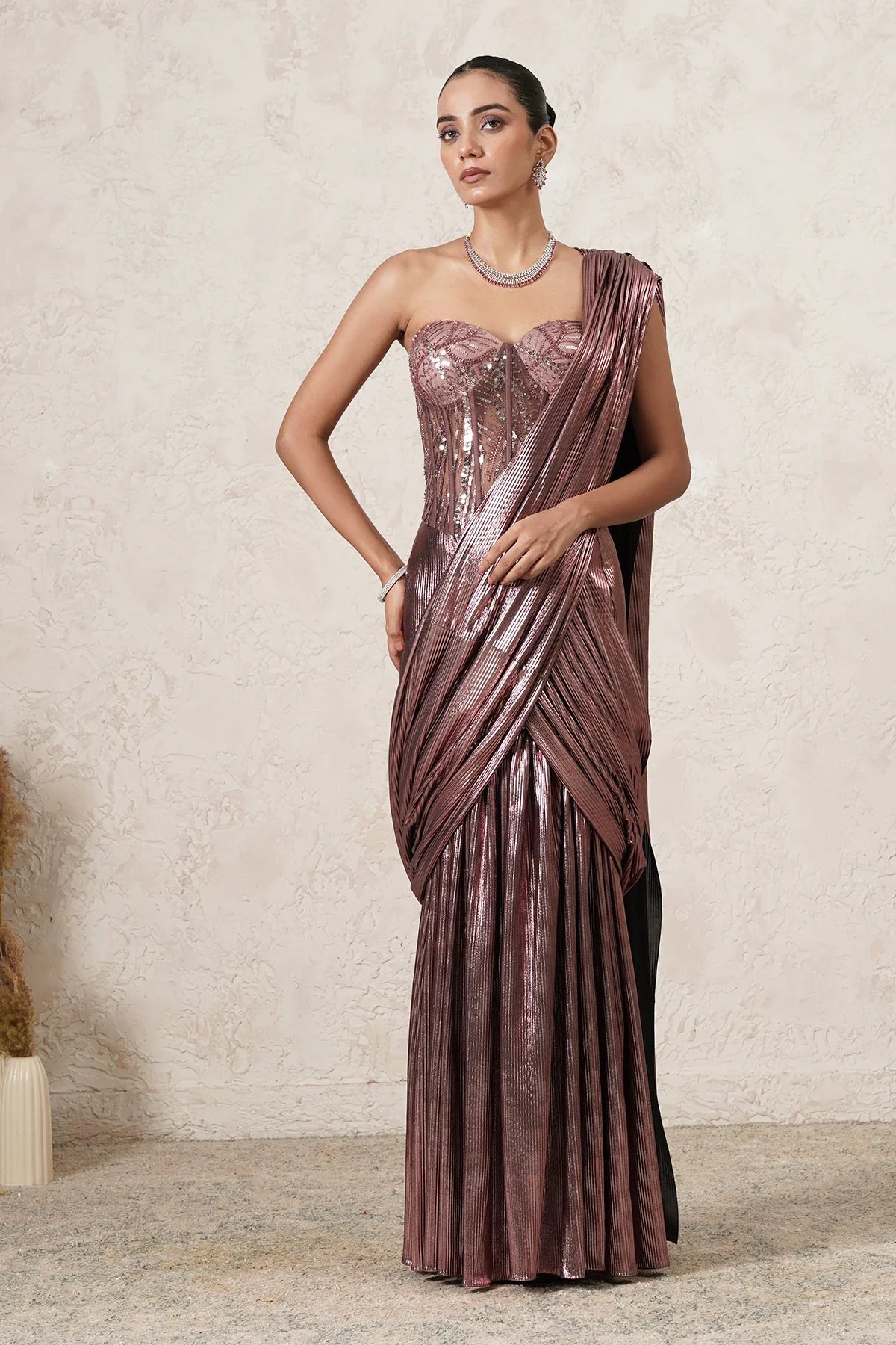 Chandni metallic pre-draped saree with sequin blouse in light beige for women, perfect for cocktails, receptions & sangeet. By THETAA.