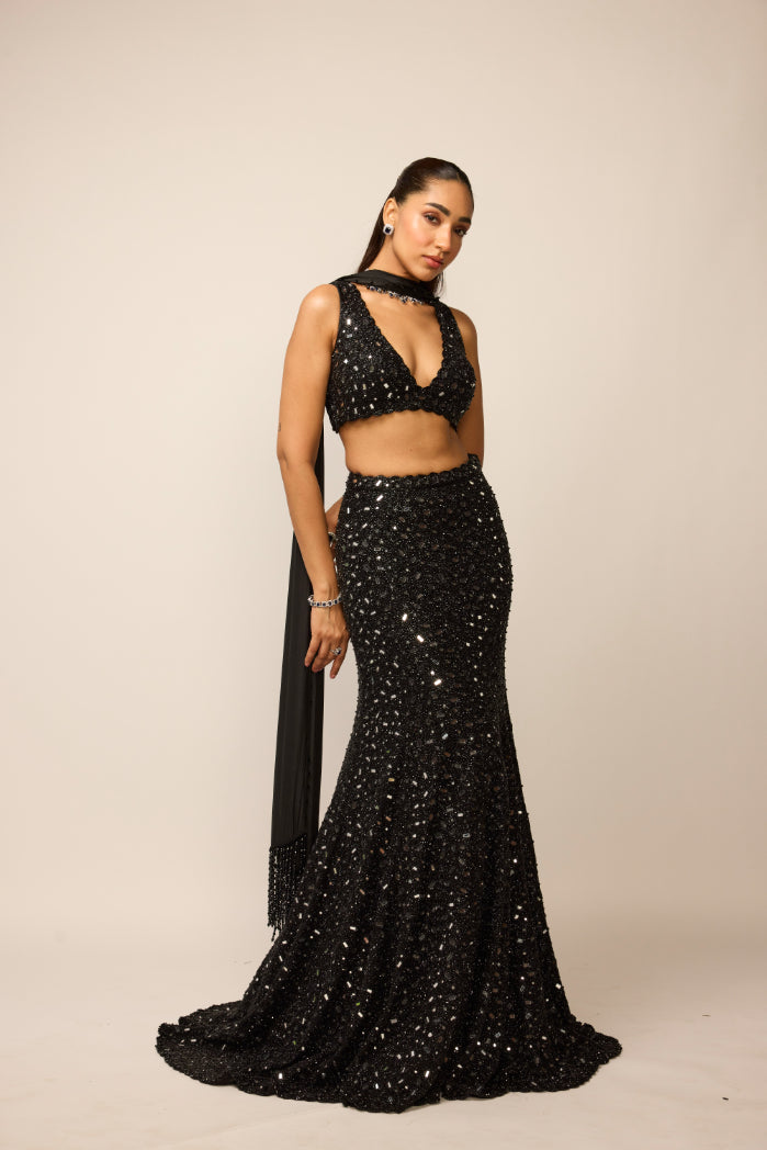 Black Fishcut Lehenga Set