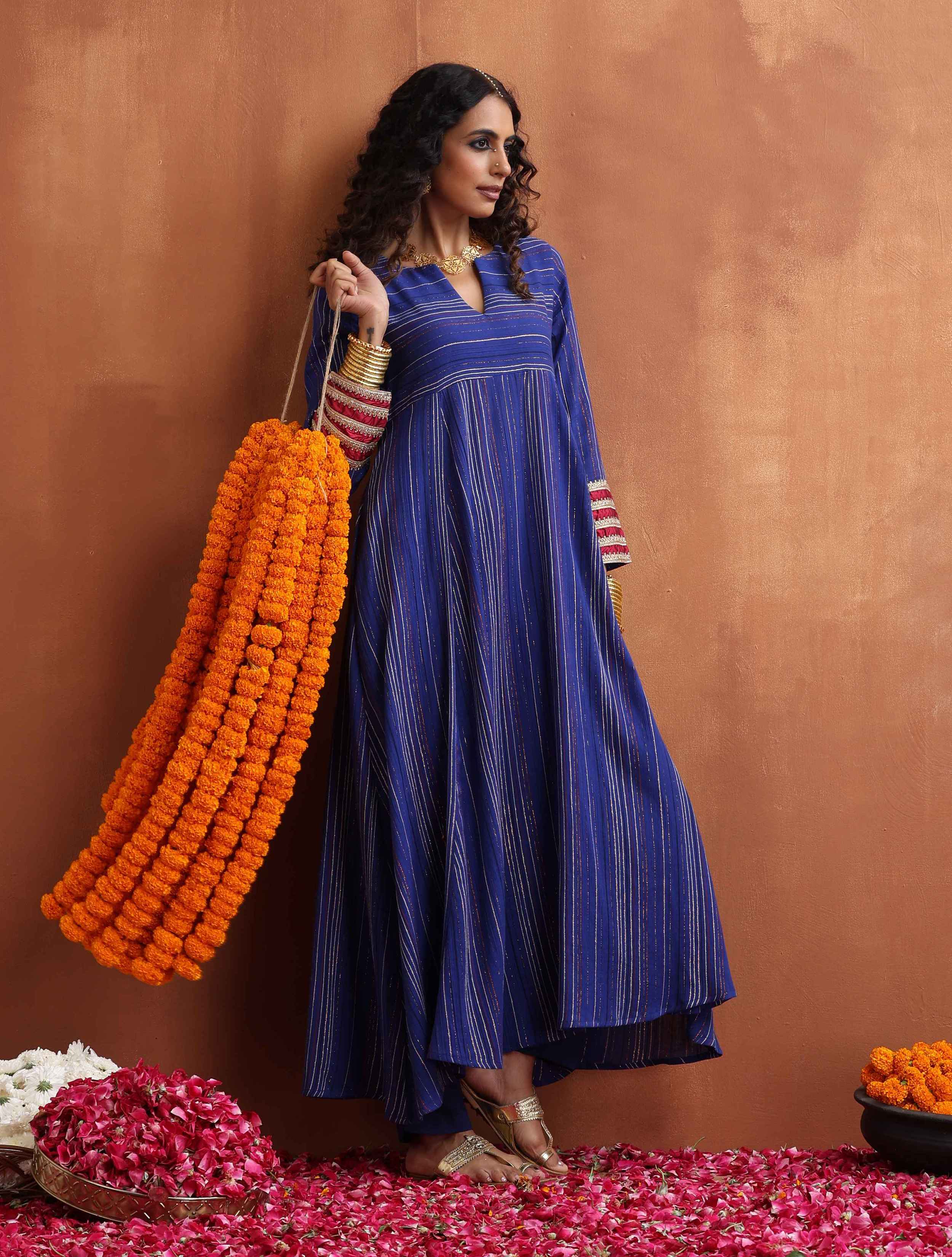 trueBrowns Blue Stripe Flared Arkali Kurta Set