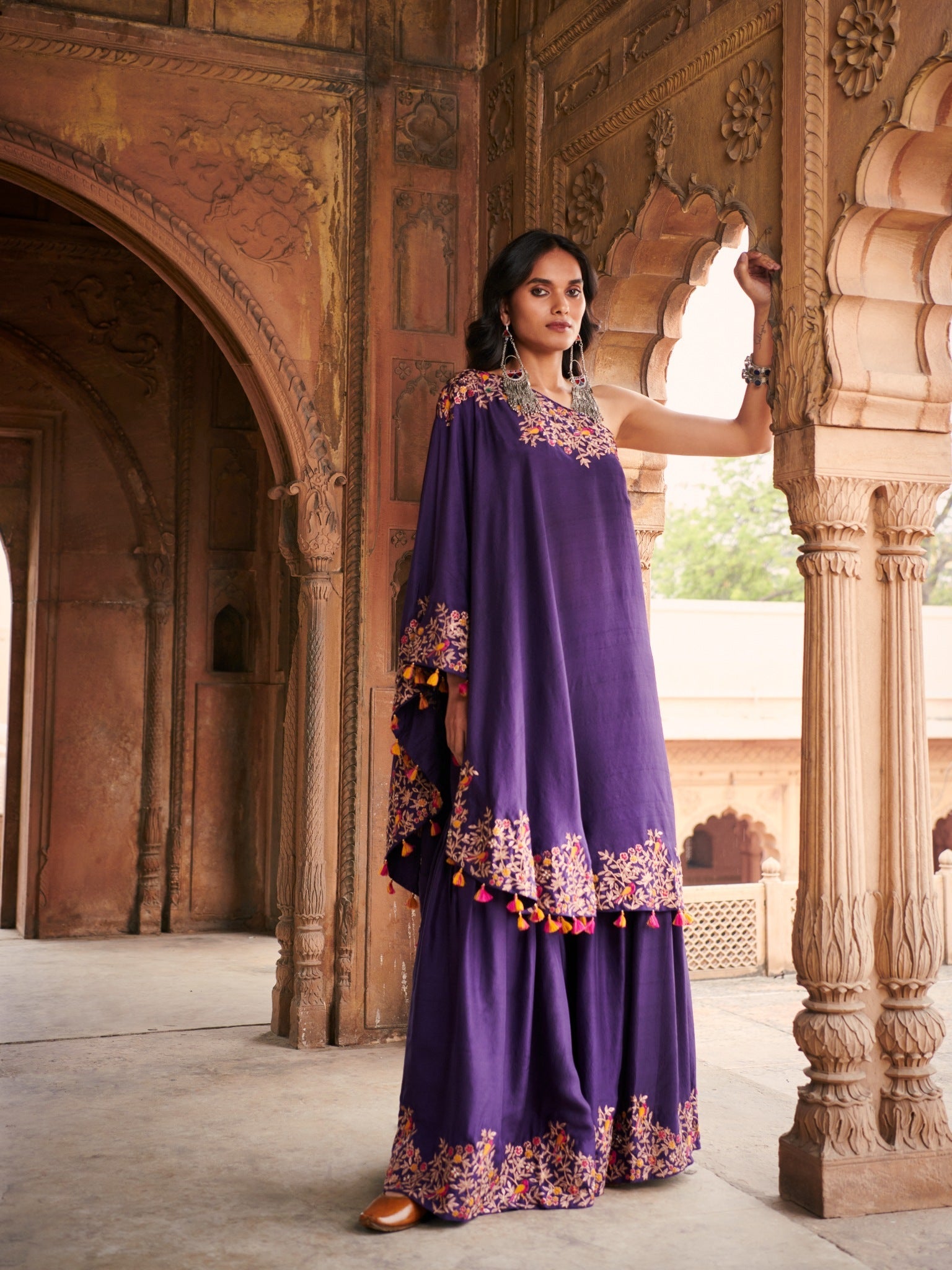 Embroidered one shoulder tunic with a sharara