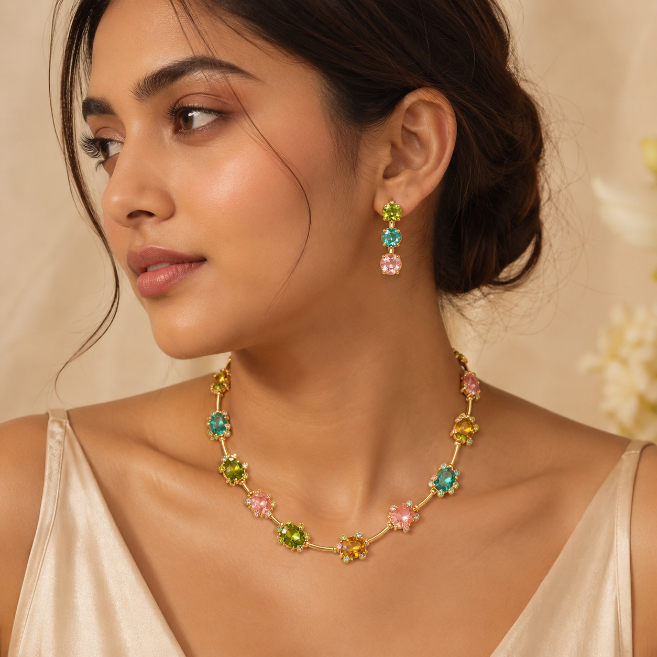 Multi-Coloured Floral Gemstone Necklace Set