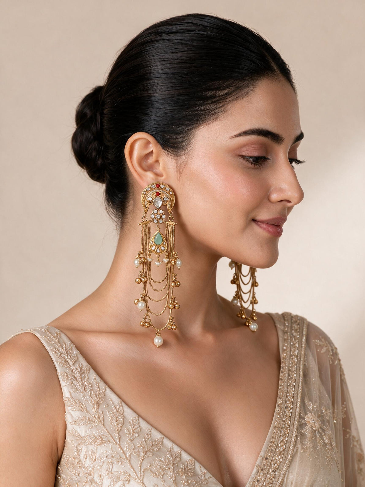Kundan Sage Green Chain Drop Statement Earrings