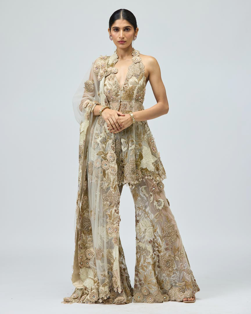 Gold Patchwork Sharara Set in Beige with 3D Floral Detailing