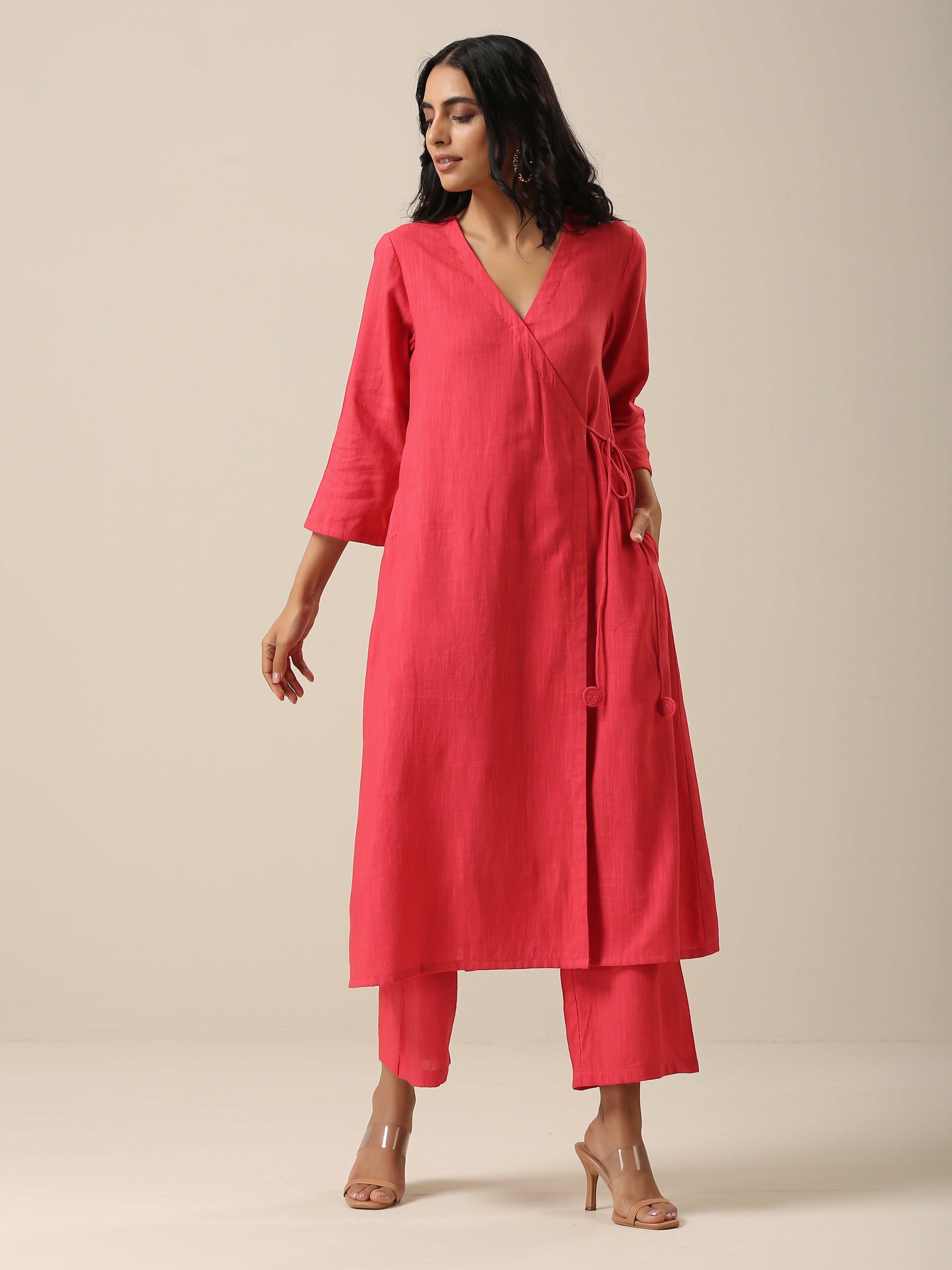 Bright Pink Slub Texture Angrakha Pant Set