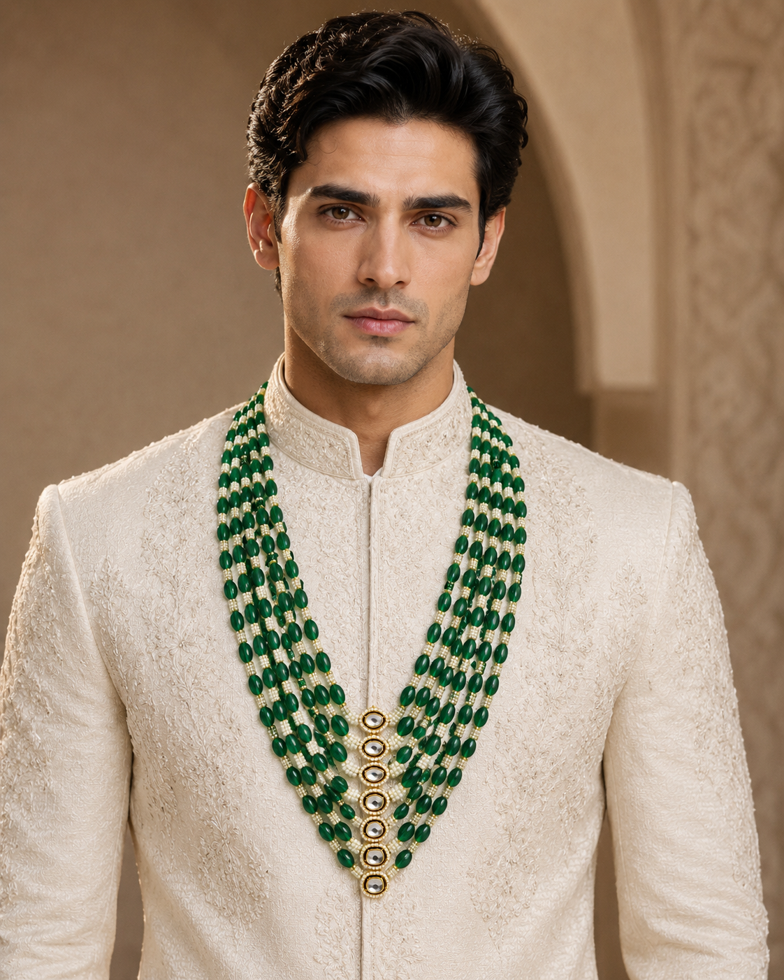 Layered Green Beaded Pearl Kundan Mala