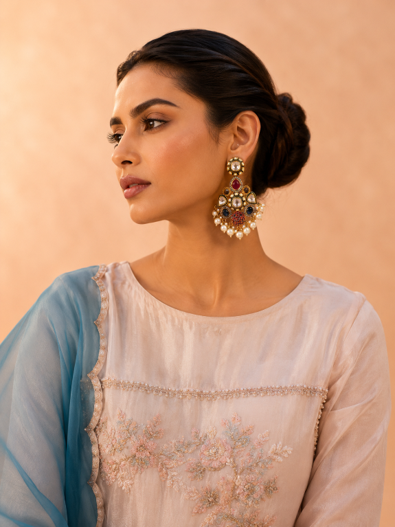 Multicolour Polki Drop Earring with Pearl Accents