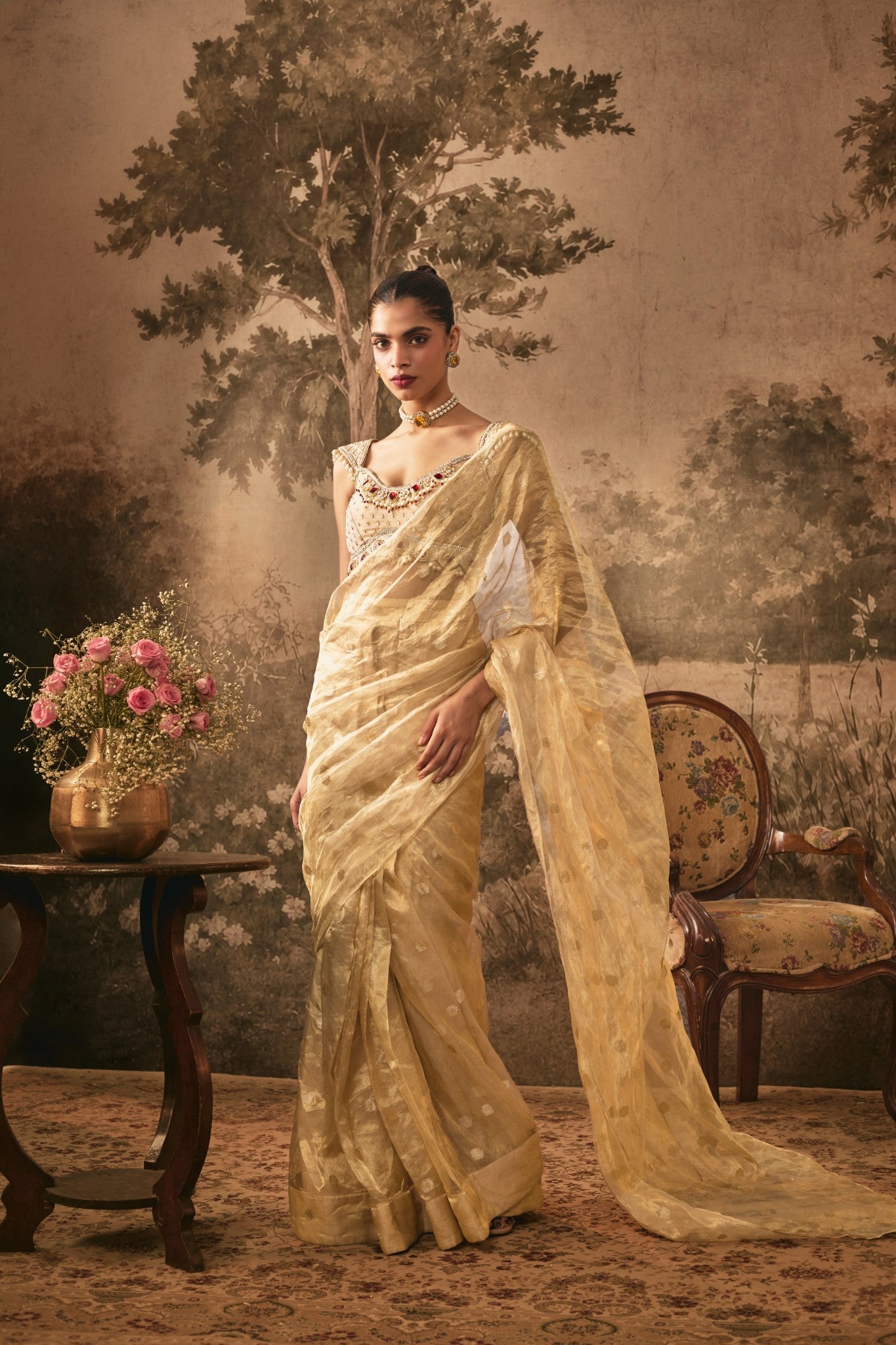 Champagne Gold Tissue silk pre -draped Saree with Embellished Blouse